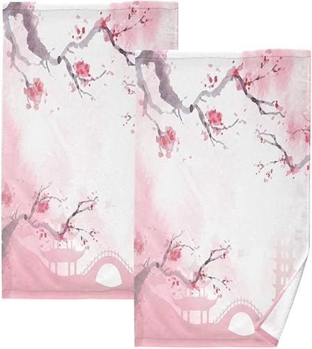 Nander Juego de 2 toallas de algodón, toallas de baño de secado rápido con flor de cerezo japonés, toallas de mano suaves y transpirables para