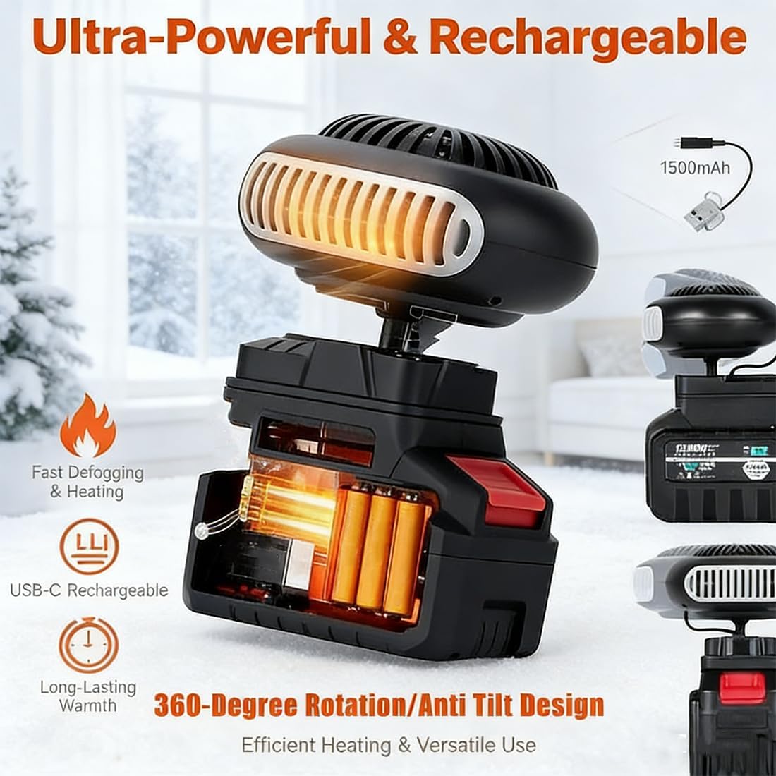 Indoor Heater for Power Outage, 1500mAh Li Rechargeable & Cordless Battery Powered Portable Heater, Anti Tilt Design Emergency Heater for Power Outage Indoor, Car Defroster, Camping (10 Batteries)