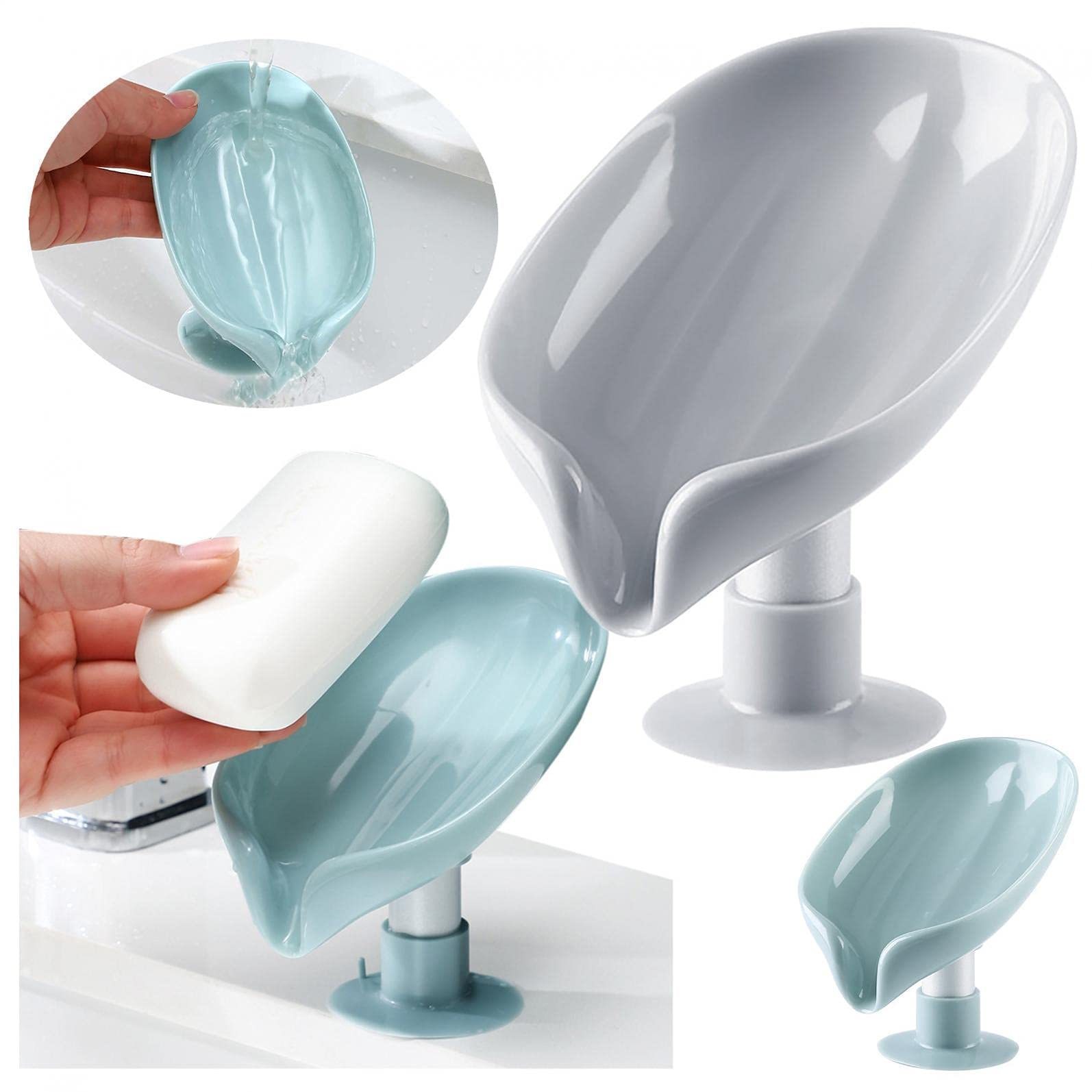 Suction Soap Dishes with Drainage,Leaf-Shaped Bar Soap Tray and Sponge Holder for Bathroom and Kitchen (Gray) - Image 4