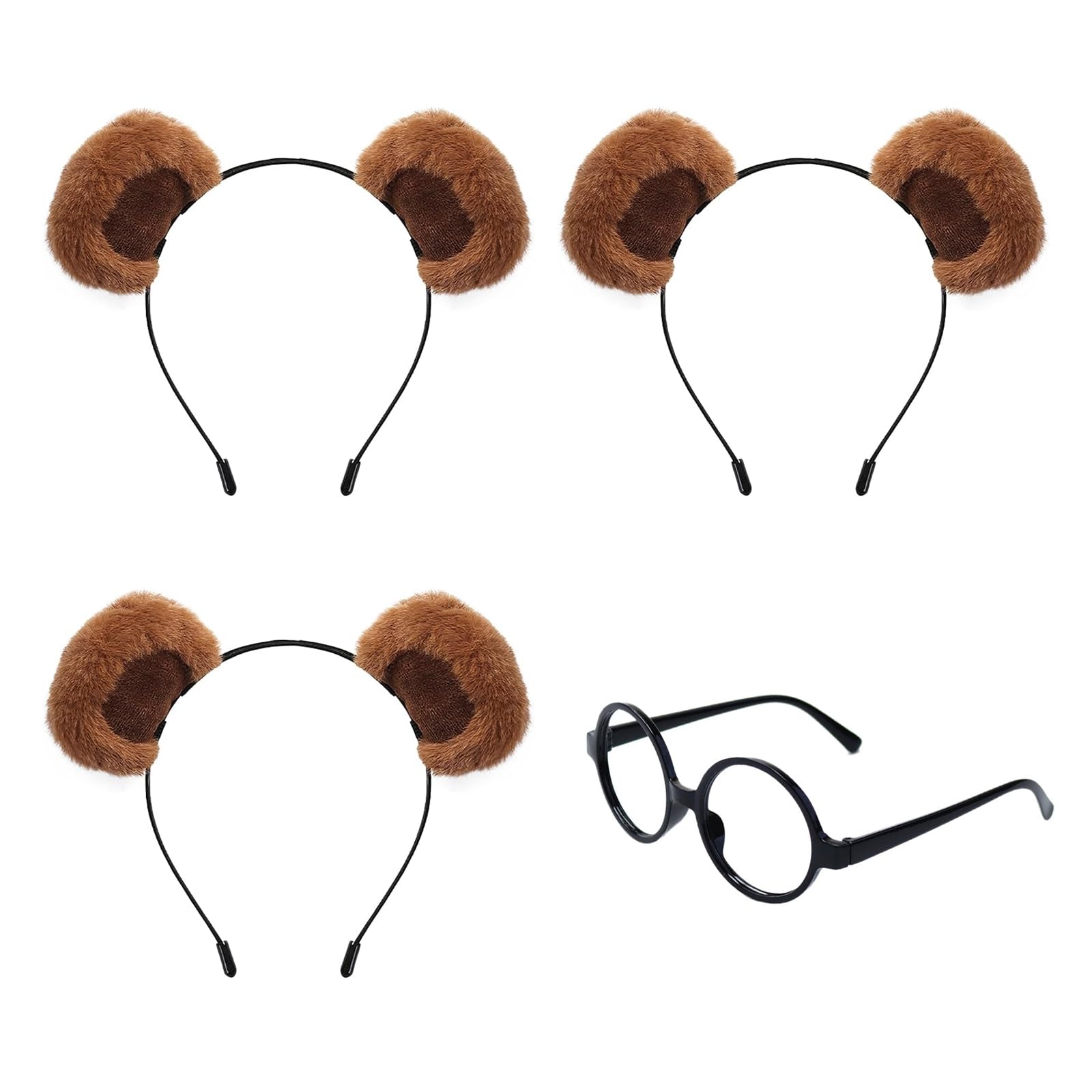 Xanthelle Bear Ears Costume, 4 Piece Bear Ears Accessory with Ear Headband and Round Glasses for Cosplay, Brown, XL
