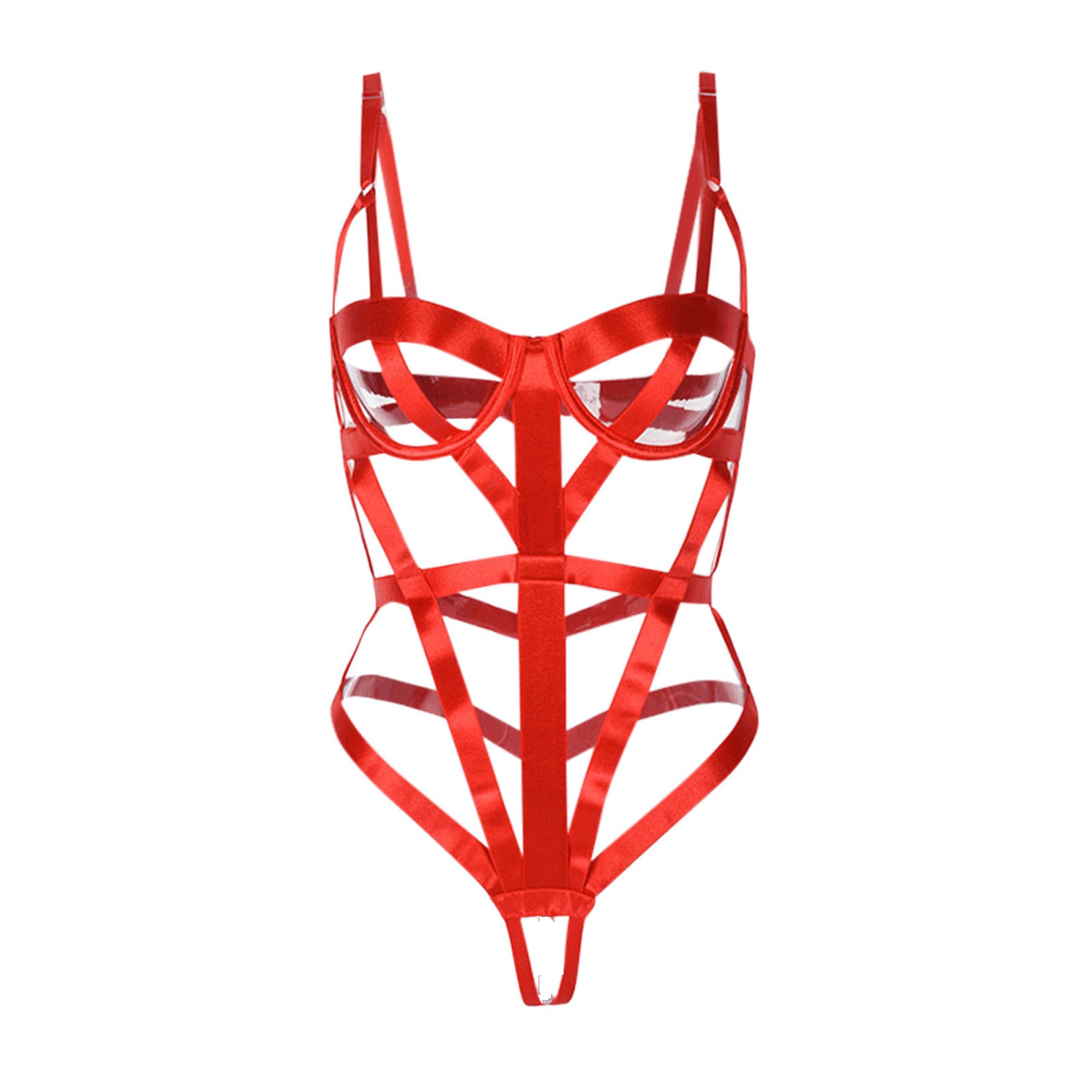 SINMIUANIME Women's Body Harness Cosplay Lingerie Full Waist Garter Belts Strappy Frame Bras And Panty Set (1626Red, Medium)