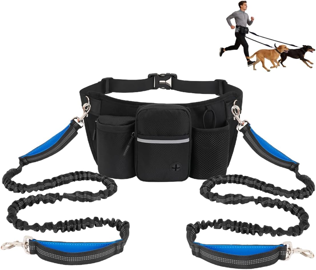 Hands Free Dog Leash for 2 Dogs, Adjustable Waist Belt, Reflective Stitching Leash with Double Padded Handles for Running, Hiking