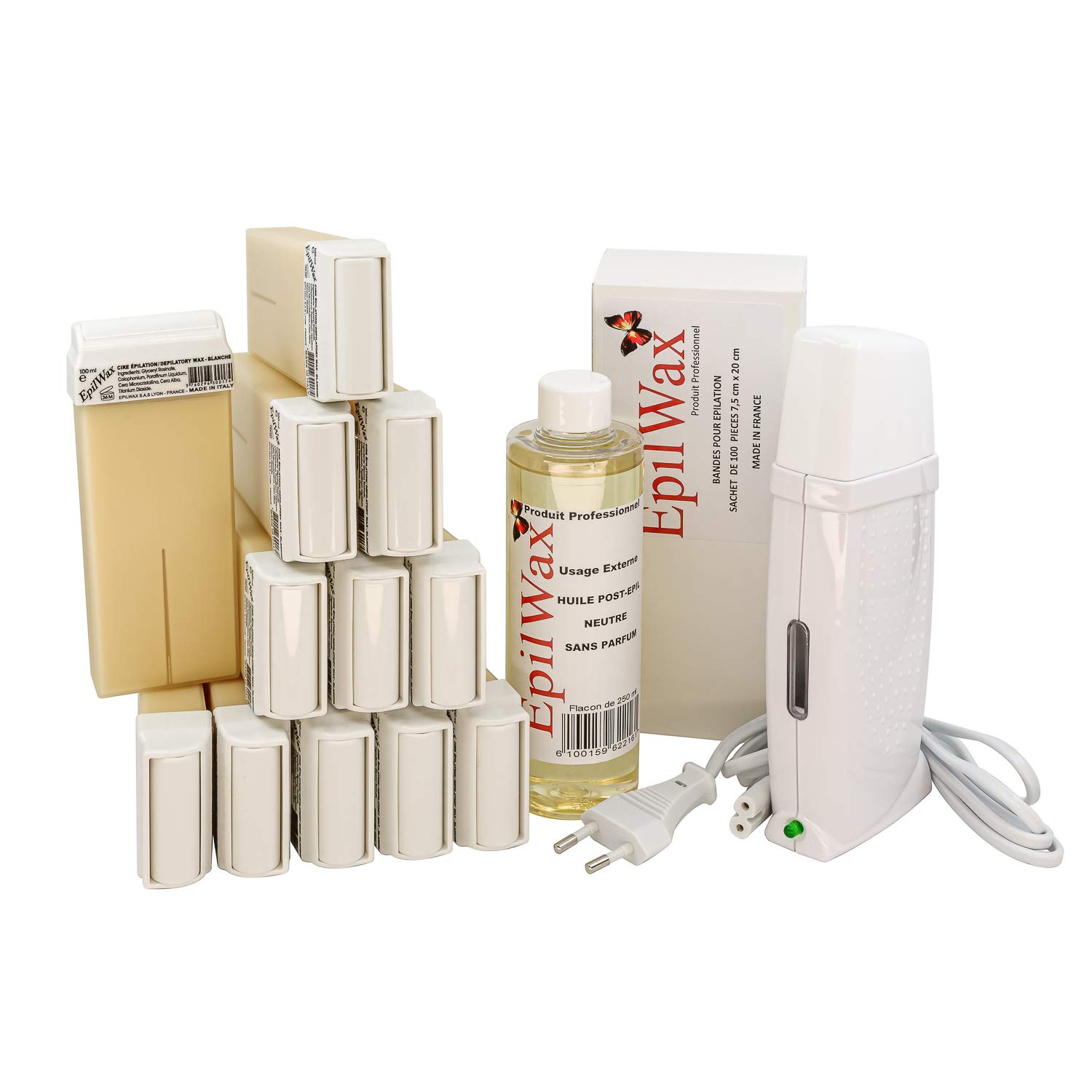 EpilWax Royal zestaw do depilacji w komplecie z: profesjonalny podgrzewacz do wosku, 12 wałków, 100 ml, biały, 100 pasków do depilacji, 1 butelka 250 ml oleju po wosku (Royal Series White 12)