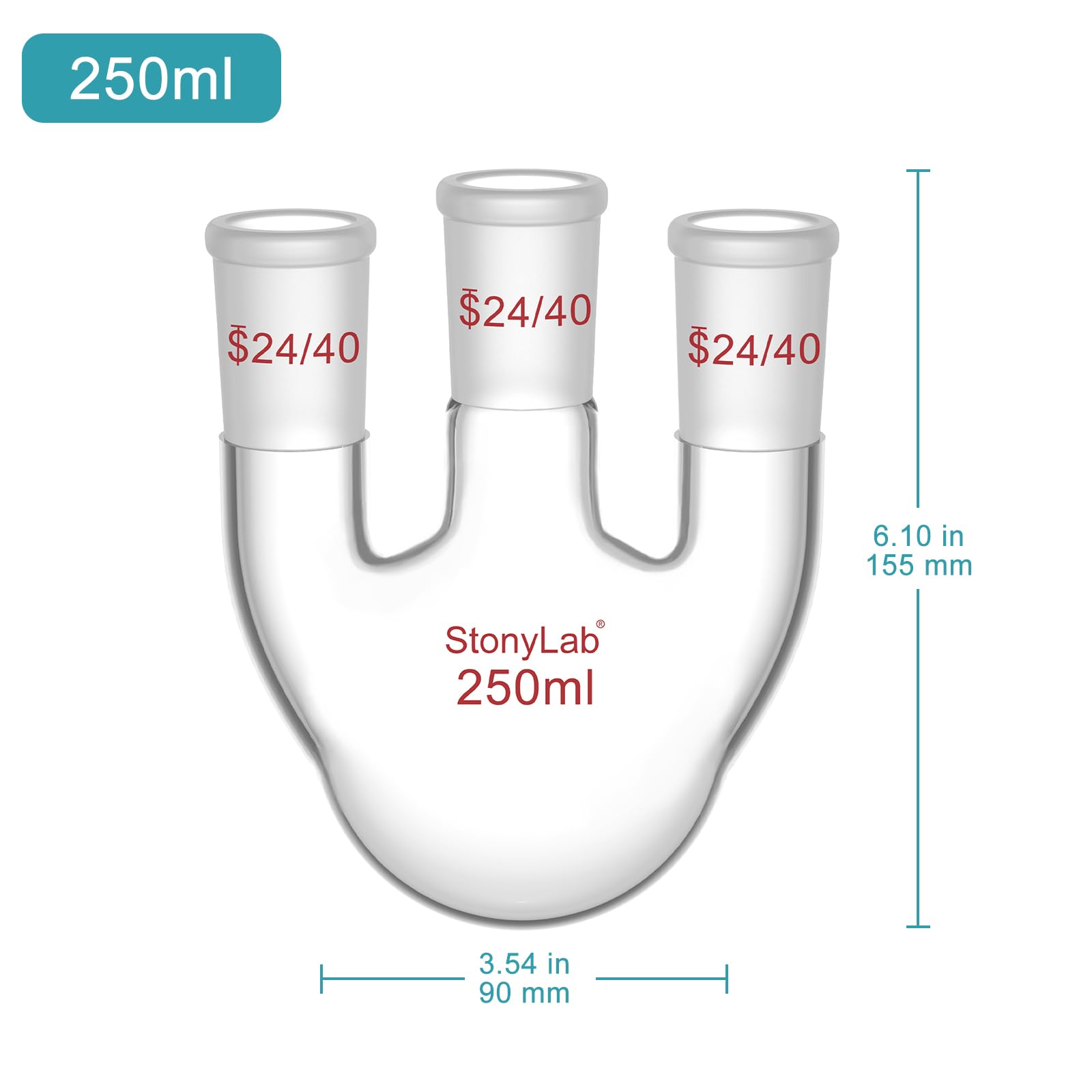 stonylab 250 ml Rundkolben mit 3 geraden Hälsen, 24/40 Standard-Schliffe, hochborosilikat Glas, ideal für Chemie, Labor, wissenschaftliche Experimente, Destillation und Rückflussanwendungen