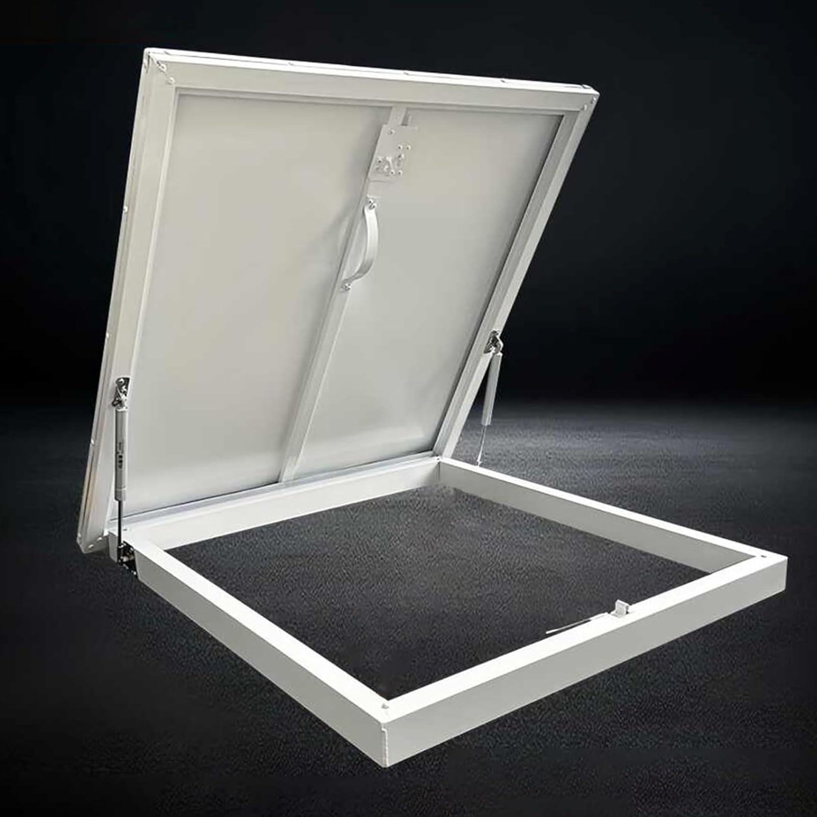 Aluminiowe drzwi zabezpieczające przed włazem dachowym do strychów i piwnic Hydrauliczne drążki kierownicze Metalowy uchwyt zamka 100 x 56 cm - rozwiązanie dostępu do dachu do garaży i loftów