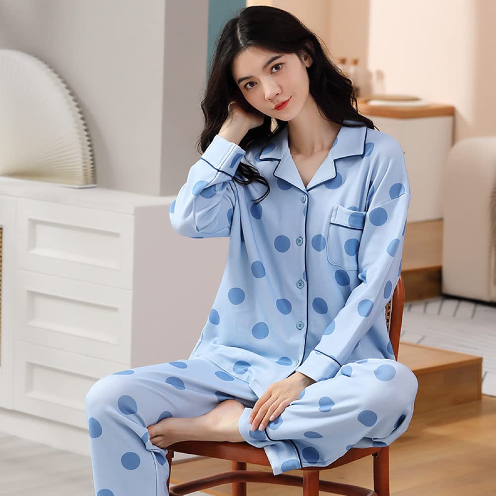 Pijamas Mujer Invierno,Conjuntos De Pijamas para Mujer Estampado De Lunares con Solapa De Algodón Azul Claro con Bolsillo Pijama De Manga Larga Cálido Y Acogedor Clásico Top & Amp; Conjunto De Pa