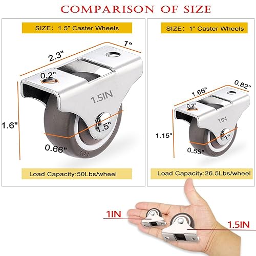 Miniatura 9 de 4 mini ruedas rígidas de 1 pulgada, ruedas de goma de perfil bajo con placa superior de acero, ruedas pequeñas para muebles, cajones de