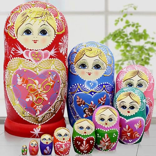 Russian Nesting Dolls Matryoshka Wood Stacking Nested Set 10 Pieces Handmade for Christmas Mother's Day Birthday