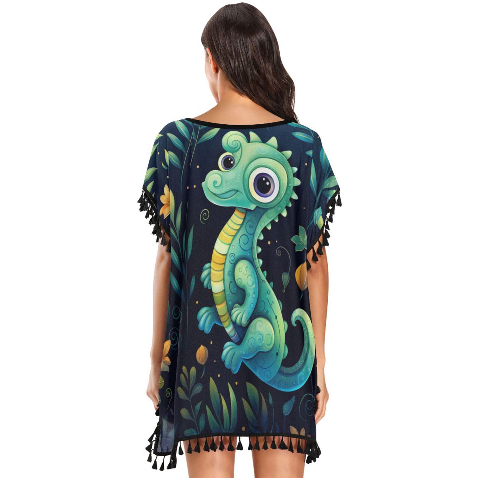 KAAVIYO Cute Green Cartoon Seahorse Women's Beach Cover Up Chiffon Tassel Swimwear Swimsuit Coverups for Girl