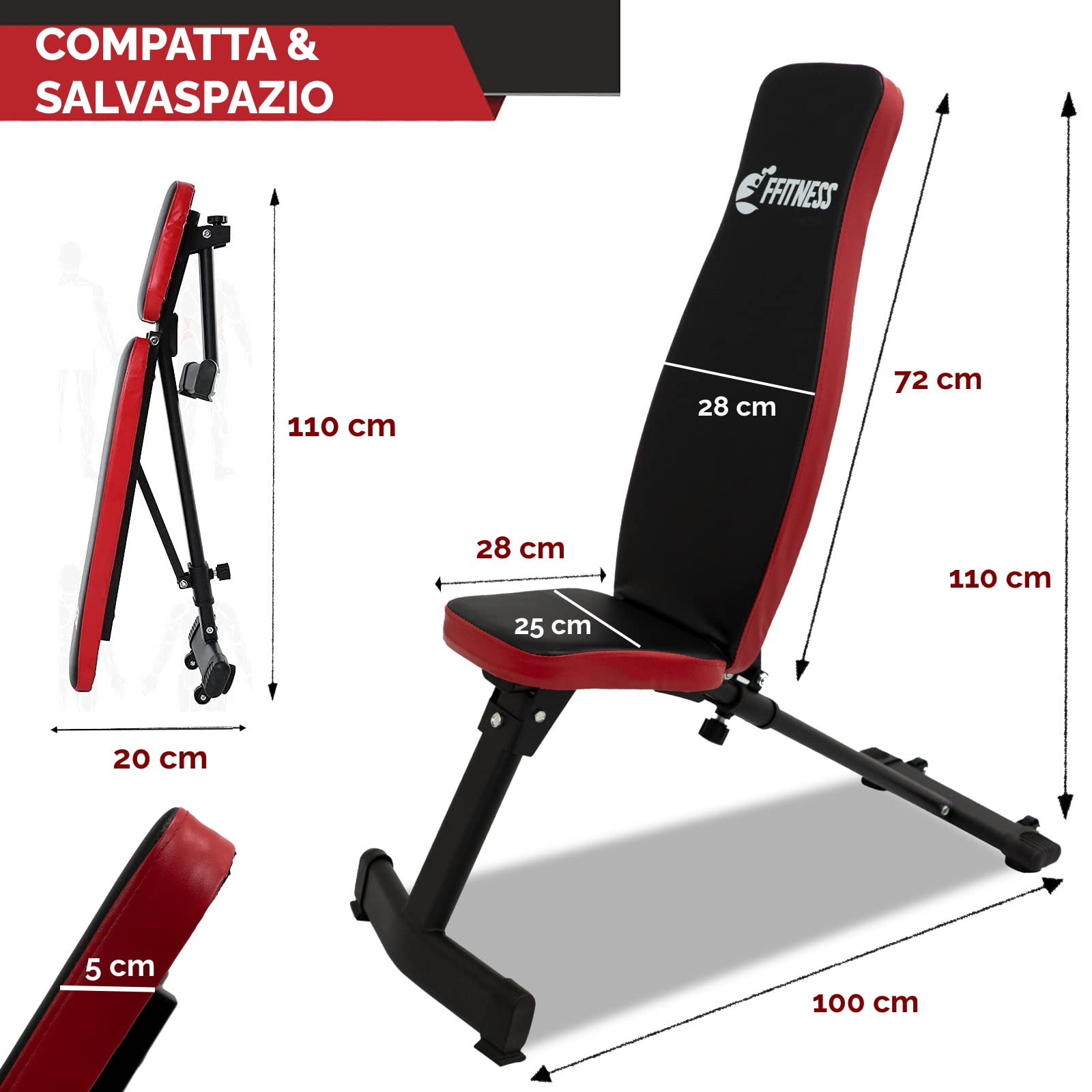 FFitness Panca Pesi Pieghevole e Reclinabile: Panca Addominali Multifunzione Regolabile a 7 Posizioni per Palestra - Schienale Piana Reclinabile Salvaspazio per Allenamento Addominali