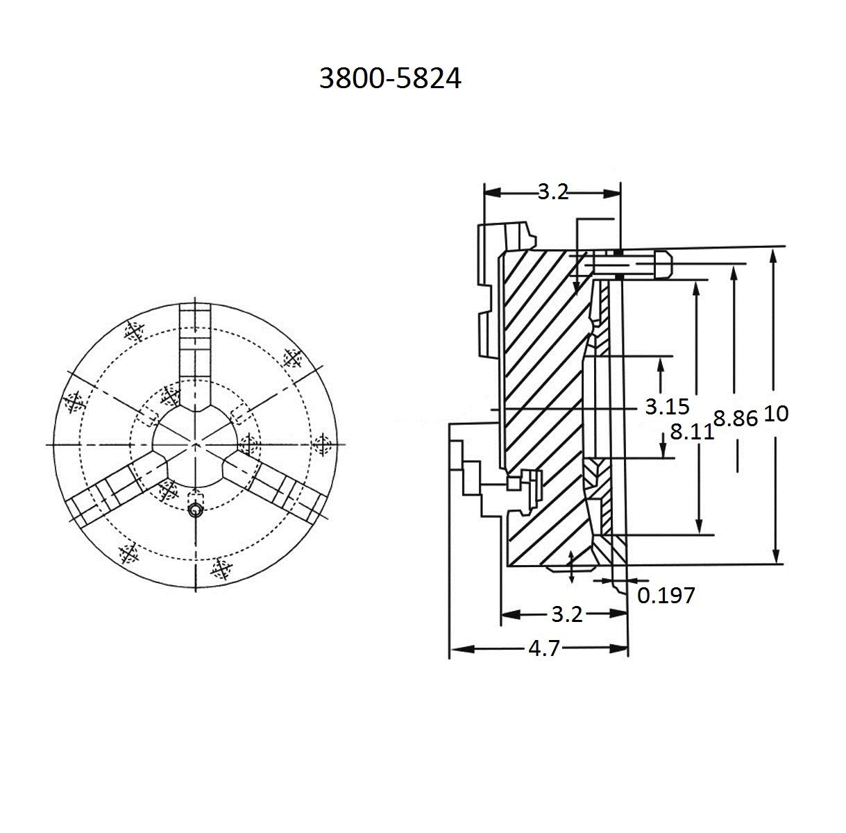 VERTEX 3800-5824 Vertex 10" 3-Jaw Front Mount Lathe Chuck with 2 Sets of Jaws, 10" Chuck Size