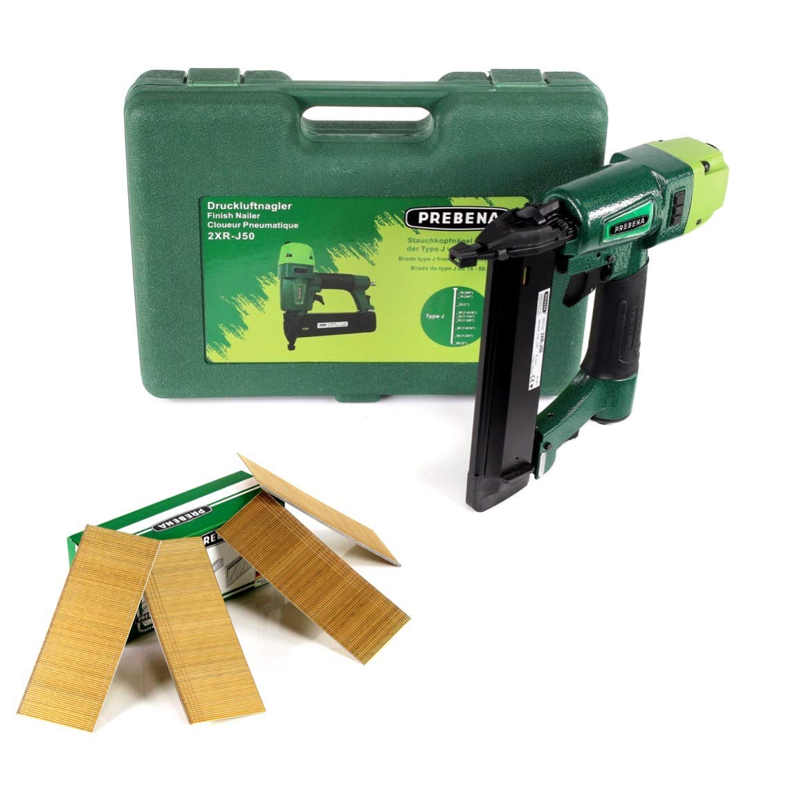 Prebena 2XR-J50 Druckluftnagler im Transportkoffer + Prebena Stauchkopfnägel Brads 50 mm 4000 Stück - aus verzinktem Stahl, geharzt