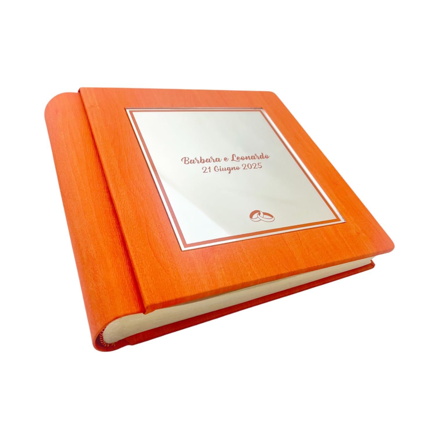 Álbum de fotos – Júpiter Mirror - de piel sintética efecto madera con recuadro Plex espejo grabado y colorido personalizable, clásico con papel de seda, para boda, comunión, aniversario o boda