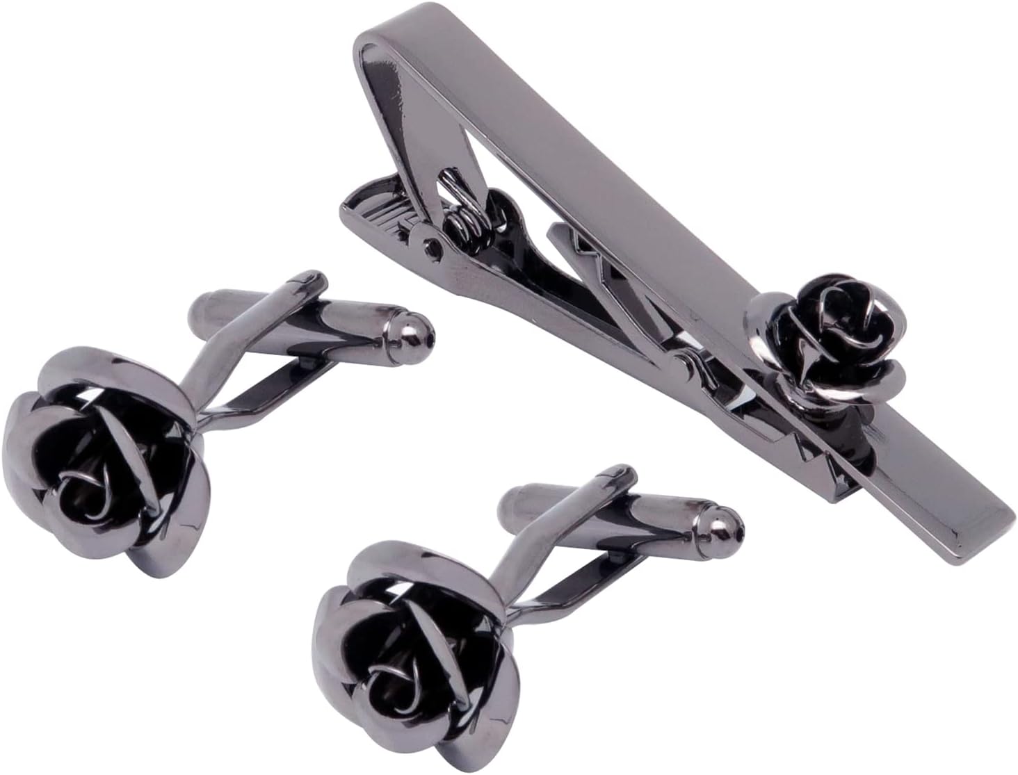 Jonwo Rose Flower Cufflinks and Tie Pin Set Regular Necktie Tie Clip Tie Bar Men Cufflinks for Wedding Business Shirt Tie