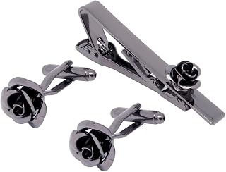 Rose Flower Men Cufflinks and Tie Pin Set Men Necktie Tie Clip Tie Pin Men Cufflinks for Wedding Necktie Shirt Party Birthday Anniversary