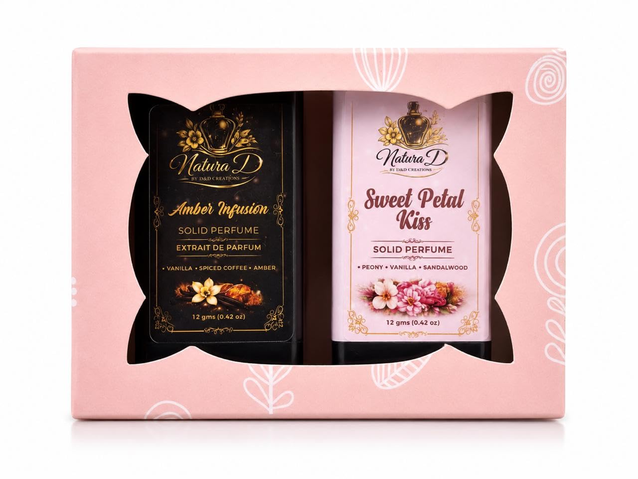 Natura D Solid Perfume Gift Set Combo | Sweet Petal Kiss & Amber Infusion | Extrait De Parfum Solid Fragrance | 12g + 12g | Premium Pocket Perfume Gift Box by D&D Creations-image-46
