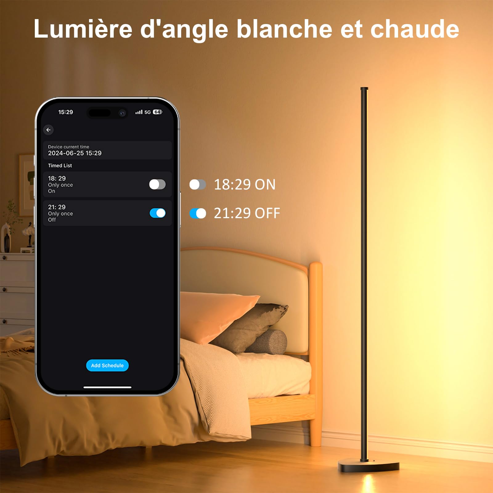 Lampadaire LED d'Angle, 143cm Lampe sur Pied RGB avec APP Contrôle et Télécommande, Musique Sync&16 Millions Couleurs, Lampadaire Salon pour Chambre, Salle de Jeux & Décoration de Fête