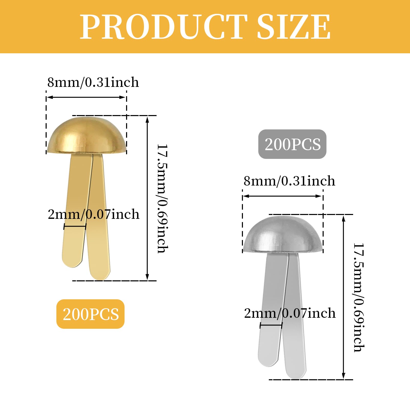 Fermacampioni Metallici 400 Pezzi Testa in Metallo Rotondo 17.5 x 8mm Antiossidanti per Scrapbooking Oro Argento