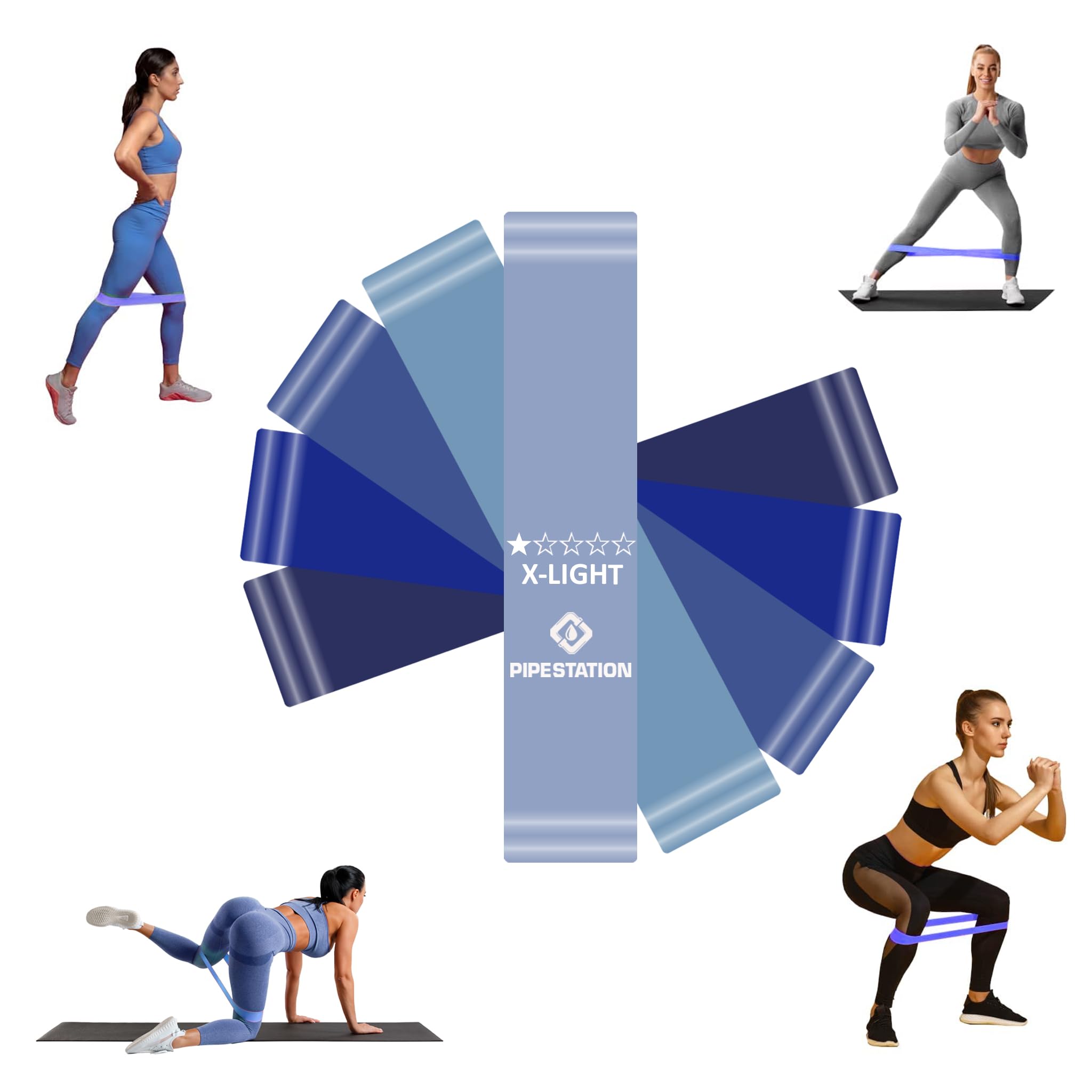 Pipestation Resistance Bands Set 5 Pack 5-30lbs (2.27-13.6kgs) - Exercise Bands for Women - Mini Loop Pilates Band for Gym Workout & Physio Stretching - Natural Rubber Booty Bands for Hip Thigh Glute