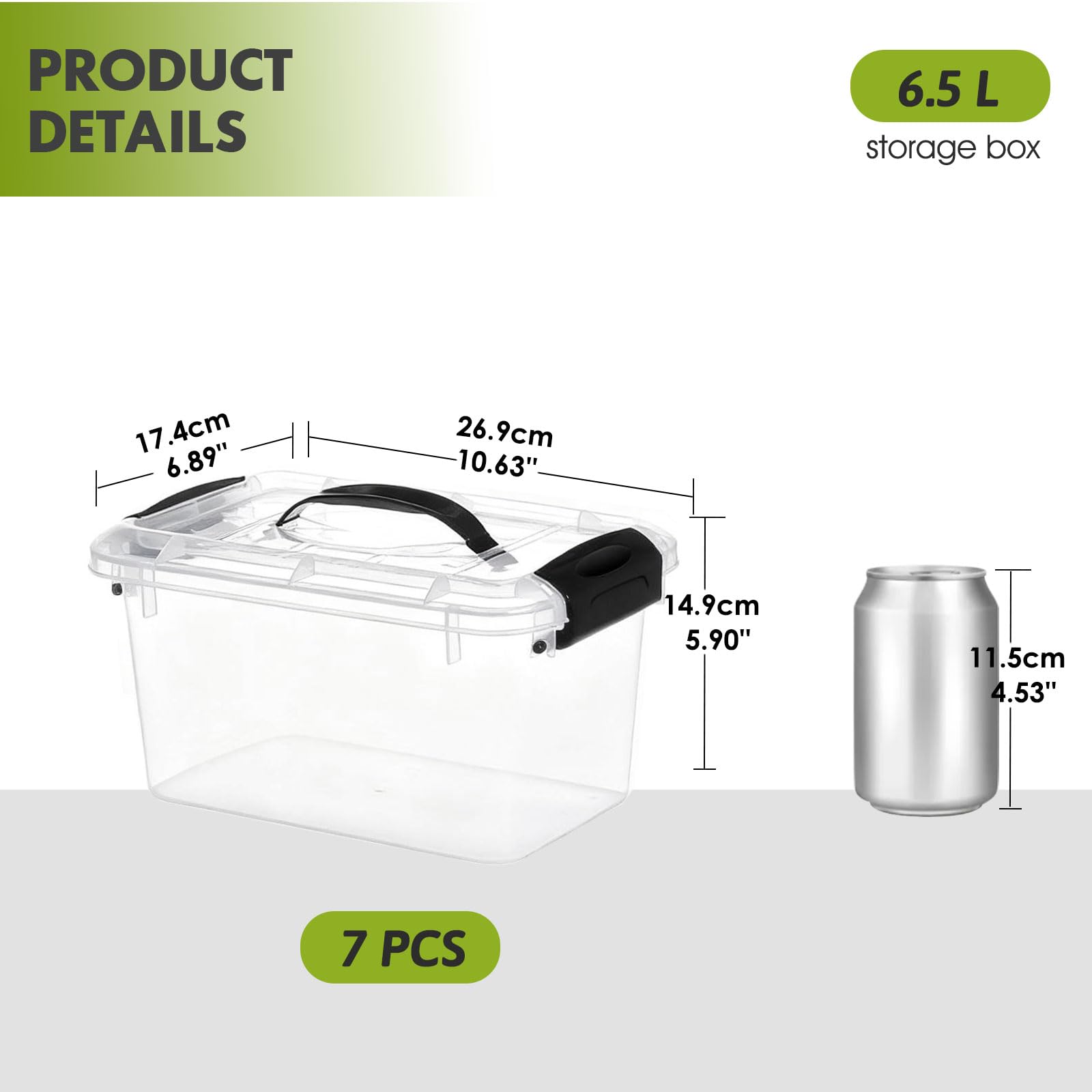 Greentainer Lot de 7 boîtes de rangement empilables en plastique avec couvercle et poignée - Avec clips en plastique - Pour vêtements, cuisine, livres, bureau - Sans BPA - Transparent