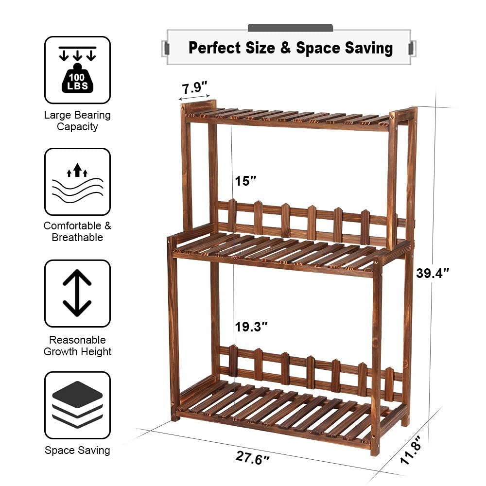 Ufine Supporto Per Piante A 3 Ripiani In Legno Di Pino Carbonizzato - Verticale, Per Interni/Esterni, Dimensioni 70x30x100 Cm, Carico 45kg