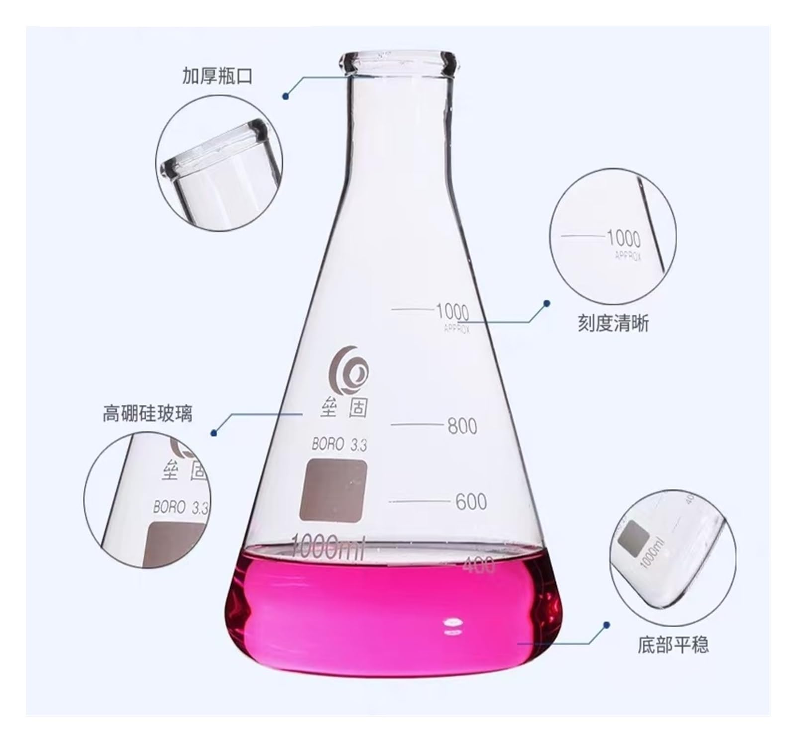 matraz de fondo redondo， Matraz Erlenmeyer de vidrio de borosilicato de cuello ancho, cónico, triangular, for laboratorio, 50 ml-1000 ml, paquete de 23 unidades(250ml 2pcs)