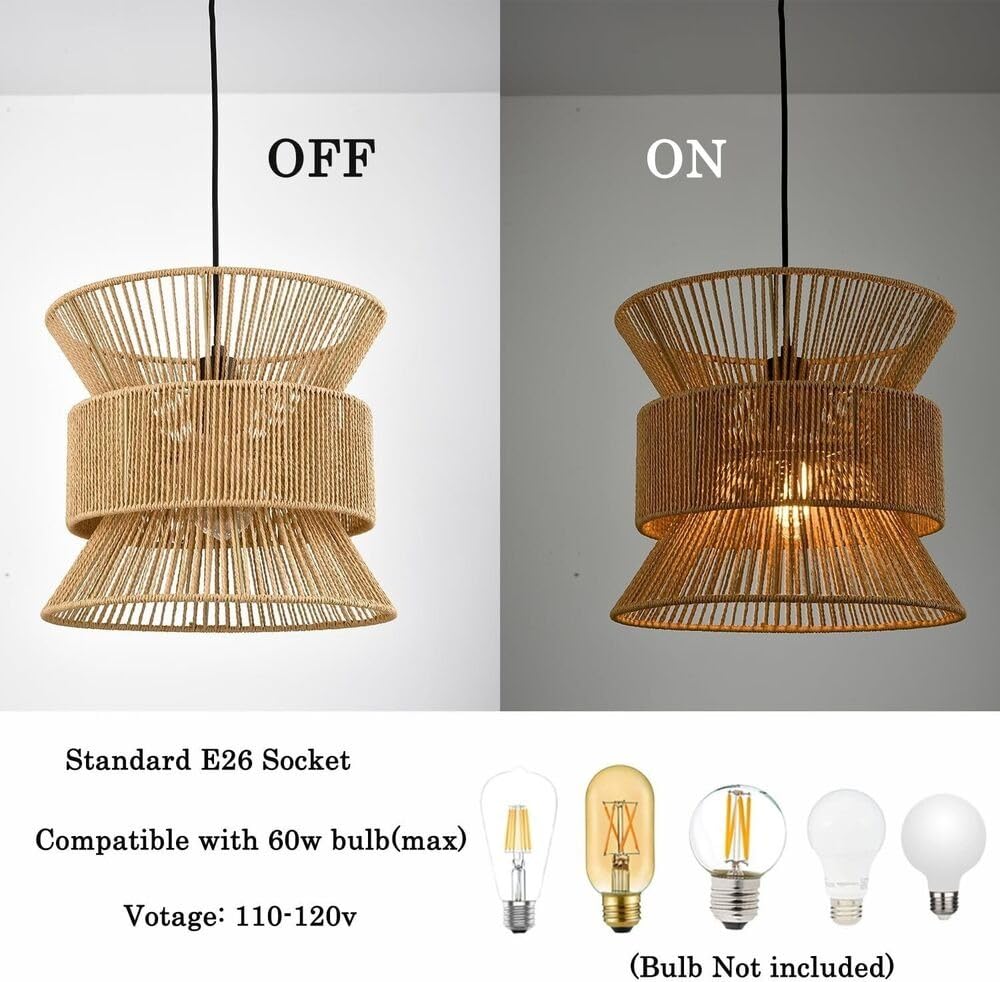 Lampa Wisząca Z Wtyczką, Rattanowe Lampy Wiszące Z Przewodem Wtykowym, Lampy Wiszące W Stylu Boho, Liny Konopne Z Wiklinowego Kosza Na Farmę Klosz Lampy, Oprawa Oświetleniowa Do Sypialni,Salonu,Kuchni
