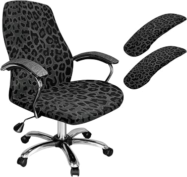 Black Leopard Print Office Chair Cover with Armrest Covers, Set of 3 Removable Computer Chair Slipcovers with Elastic Bottom Universal Rotating Desk High Back Seat-L