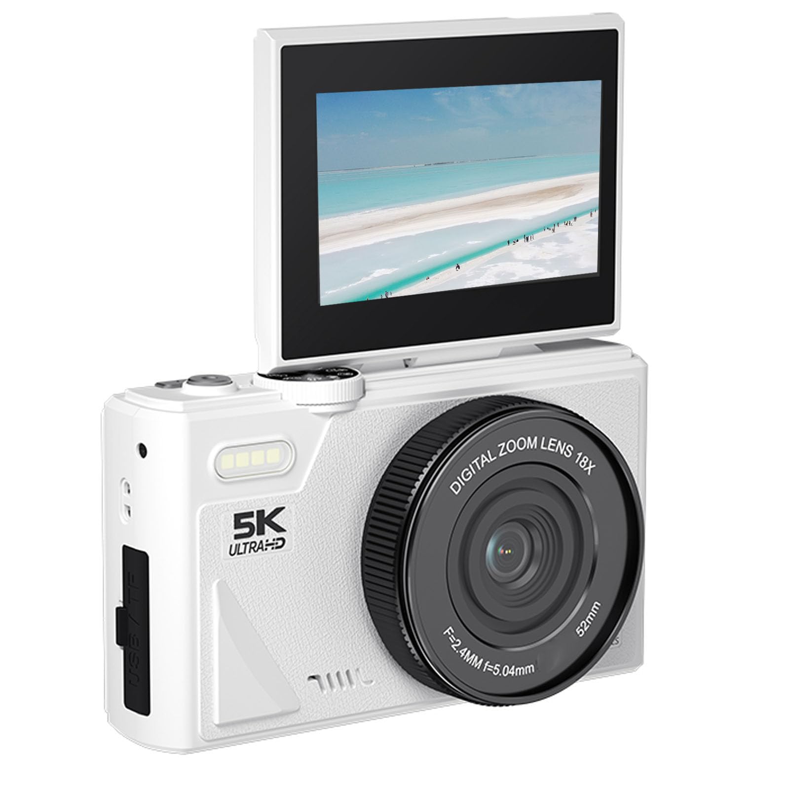 Annadue Appareil Photo Numérique 5K pour la Photographie, 75 MP, Zoom 18X, étanche, WiFi, avec écran Rabattable à 180 Degrés de 3 Pouces, pour Débutants, Adolescents et (White)
