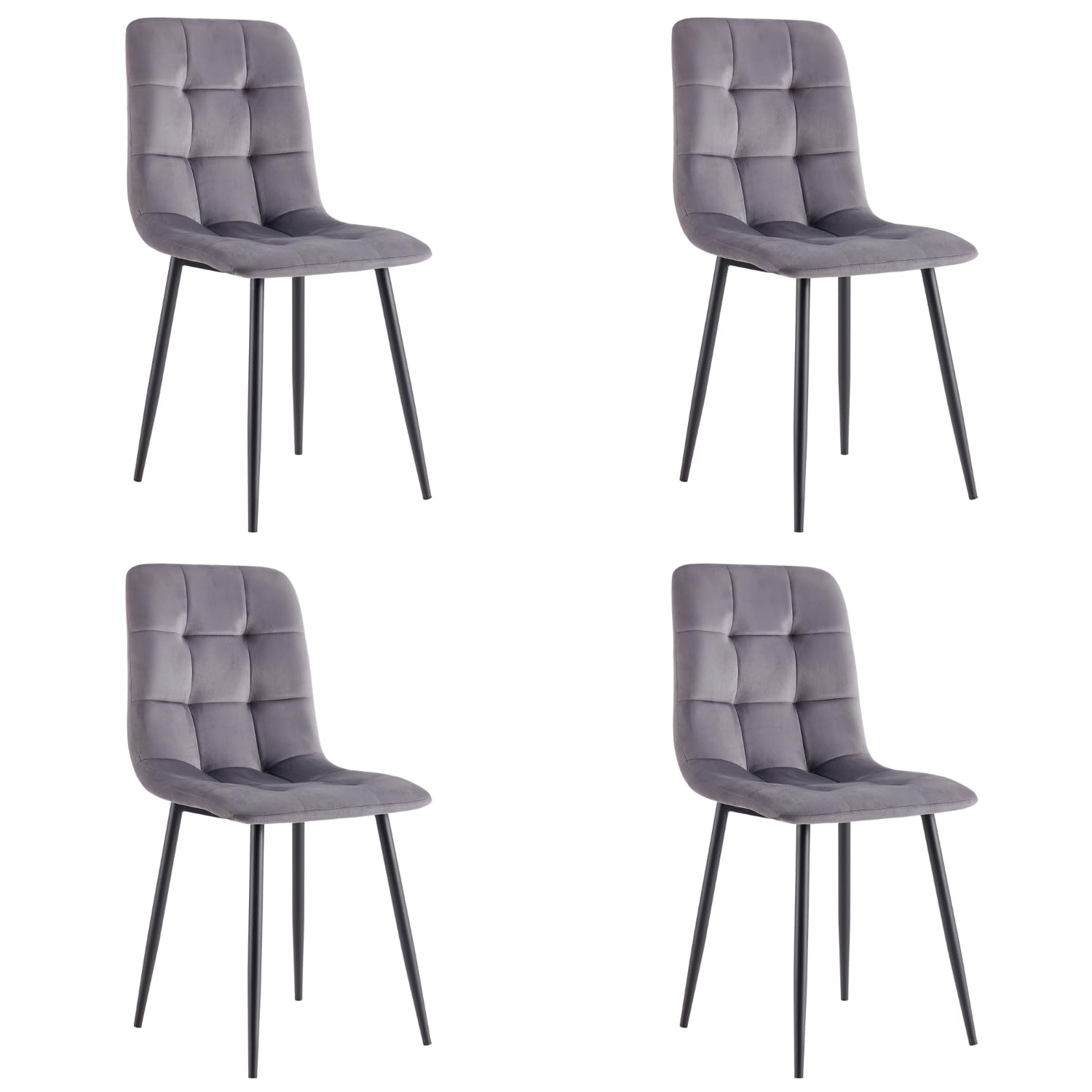 eacommerce | Set 4 Sedie da pranzo imbottita in Velluto, gambe in metallo 44x54x87 cm | Schienale trapuntato, facile da pulire | Comfort per sala da pranzo (Grigio)