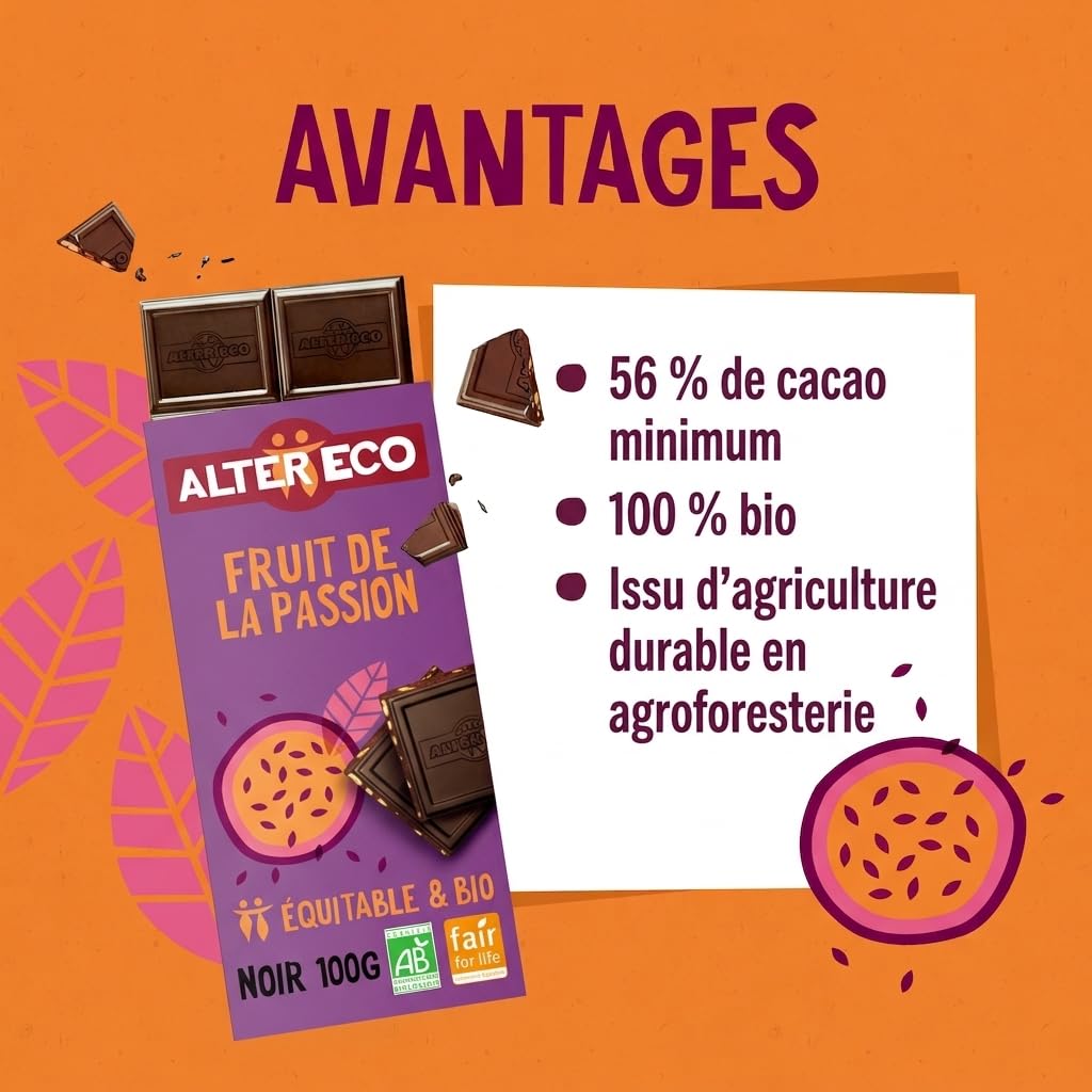 ALTER ECO - Chocolat Noir Fruit De La Passion - Bio & Équitable - 100 g