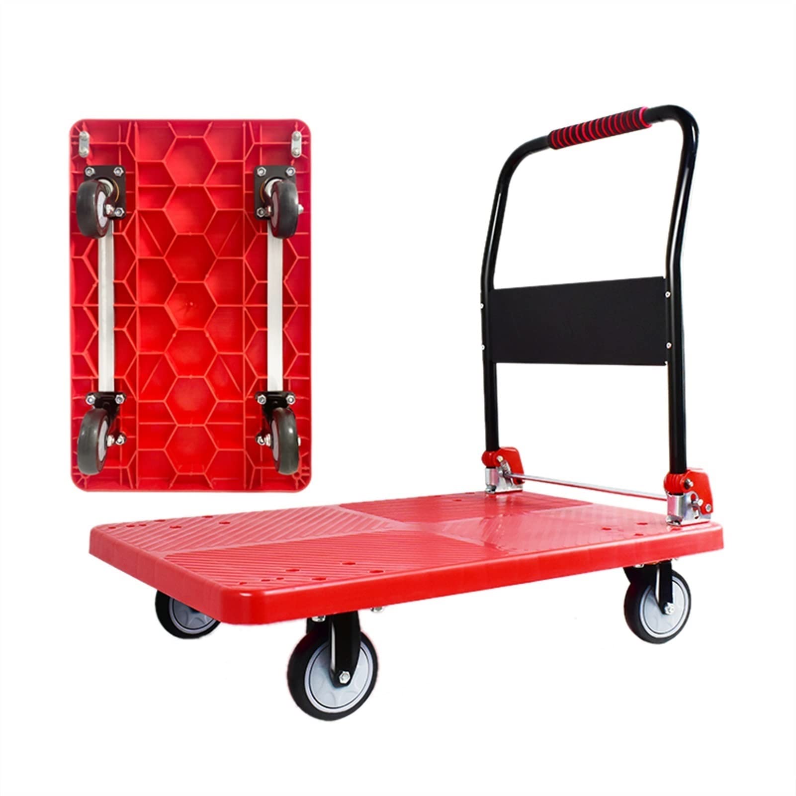 Chariot de transport portable et pliable rouge avec roues 360 et poignée en métal