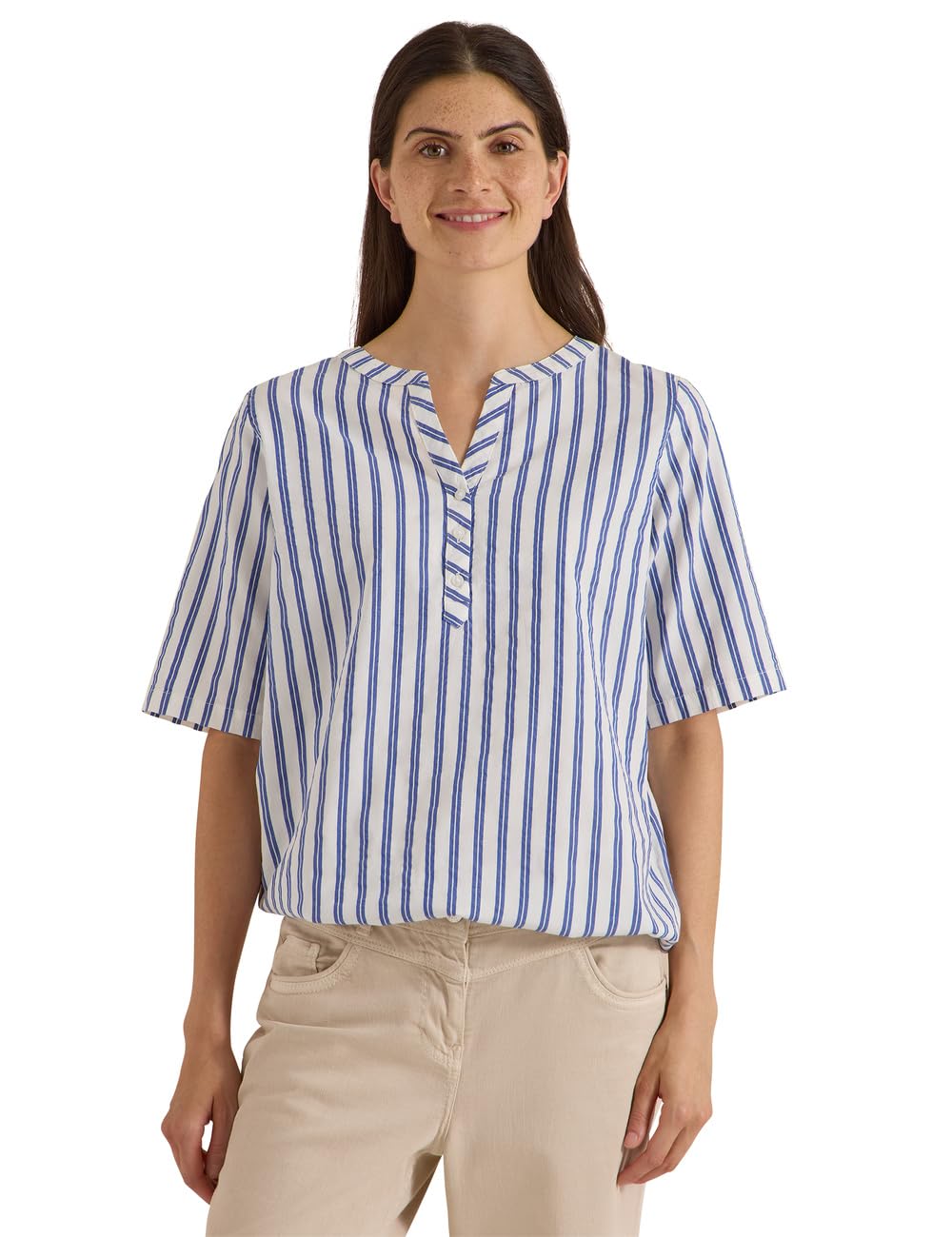 Cecil Halbarm Bluse mit Split Neck und Streifen