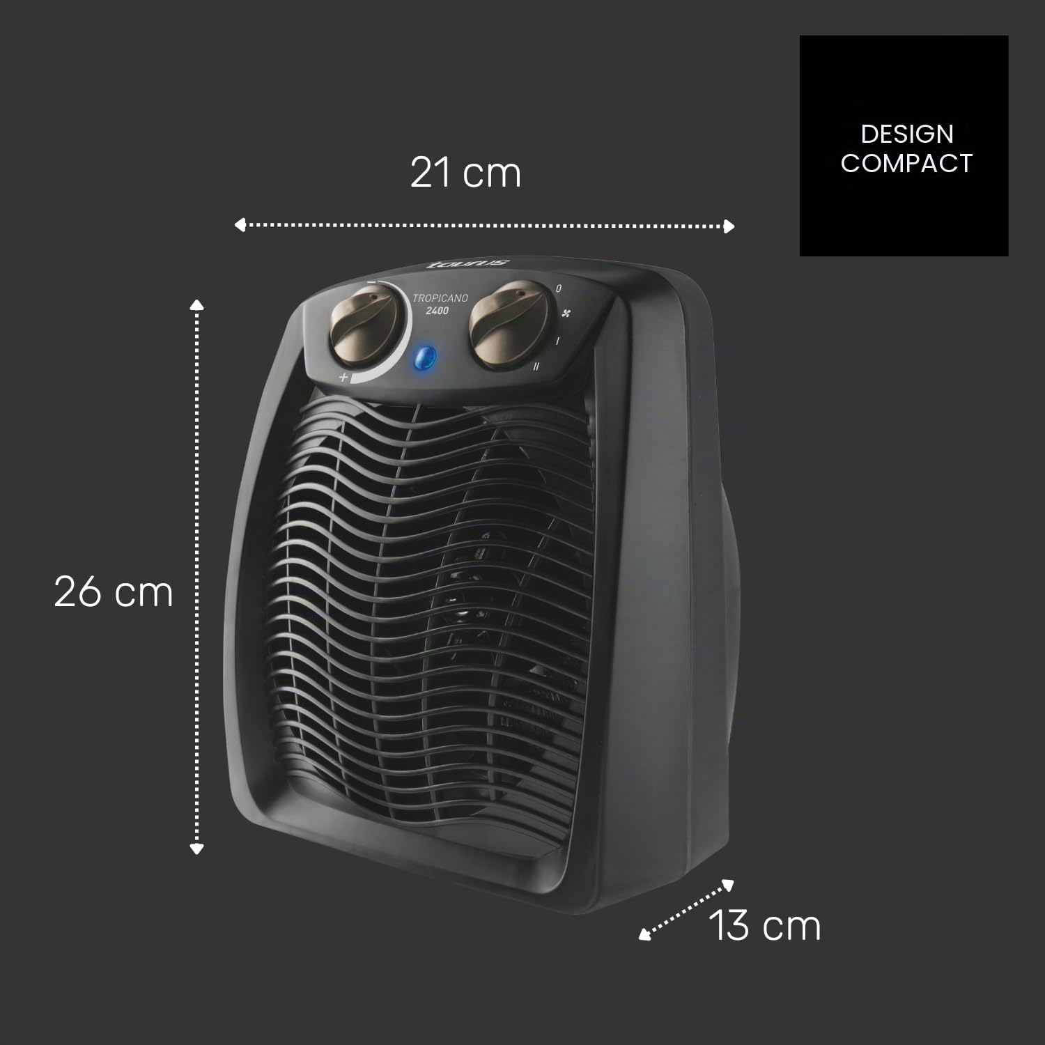 Taurus Tropicano 2400 - Radiateur soufflant 2400W, 3 positions froid/Chaud, Surface jusqu'à 24m2, Thermostat réglable, Fonction ventilateur, Témoin lumineux de fonctionnement, Noir
