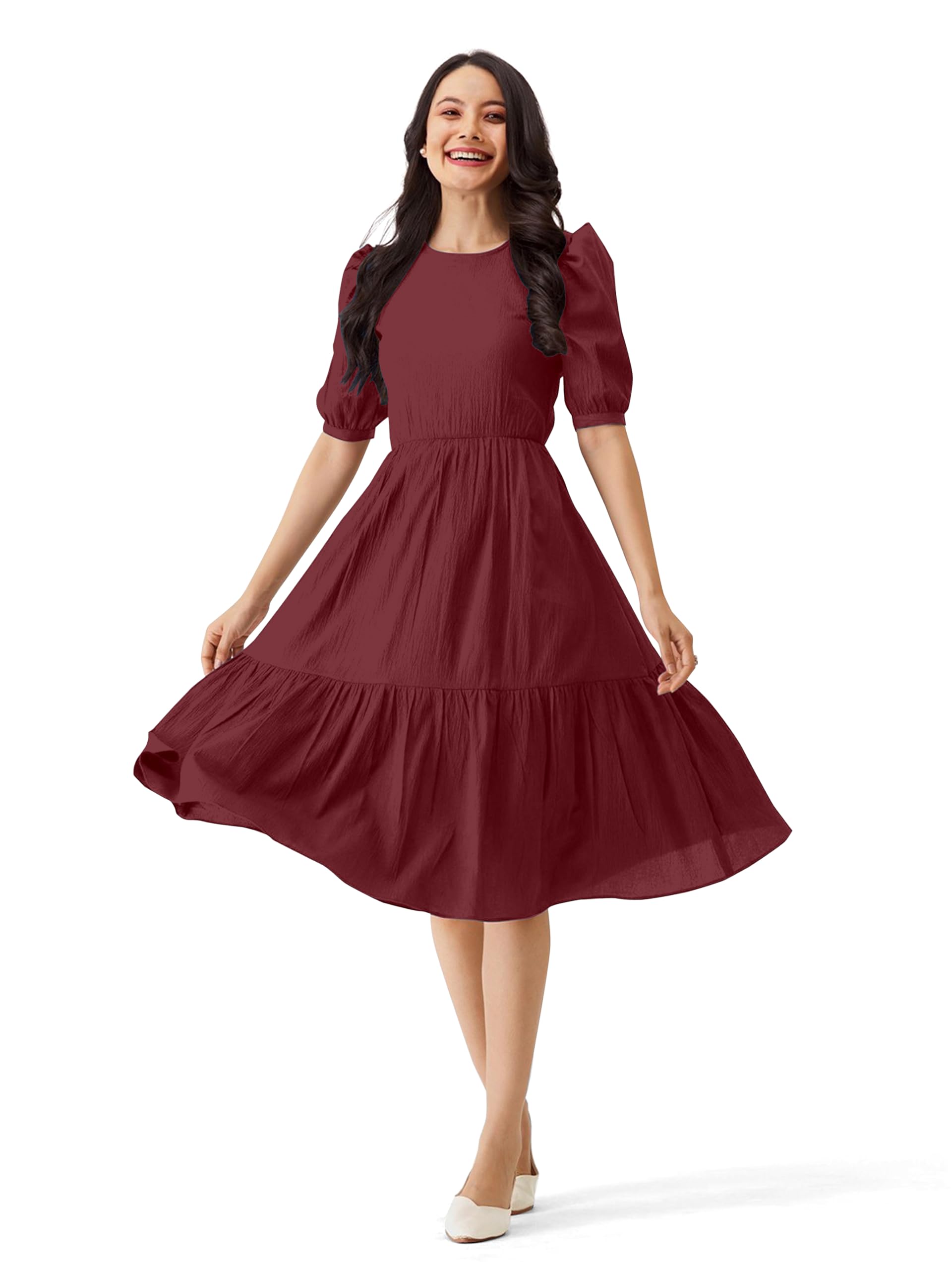 TRENDMALLSDress for Women Cotton Blend Round Neck Half Puff Sleeve Flared Pleated Midi Western Dress