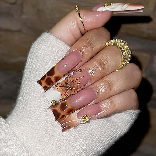 plalely Square Press on Nails Long Brown Stick on Nail Tips 3D Embossed Flowers with GoldCharms Press on False Nails for Women 24pcs