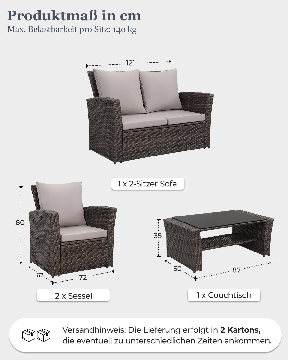 Atenza Polyrattan Gartenmöbel Set 4-teilig, Balkonmöbel Lounge Sitzgruppe | Wetterfeste Terrassenmöbel für 4 Personen, Glastisch mit praktischem Stauraum, waschbare Kissenbezüge mit Reißverschluss
