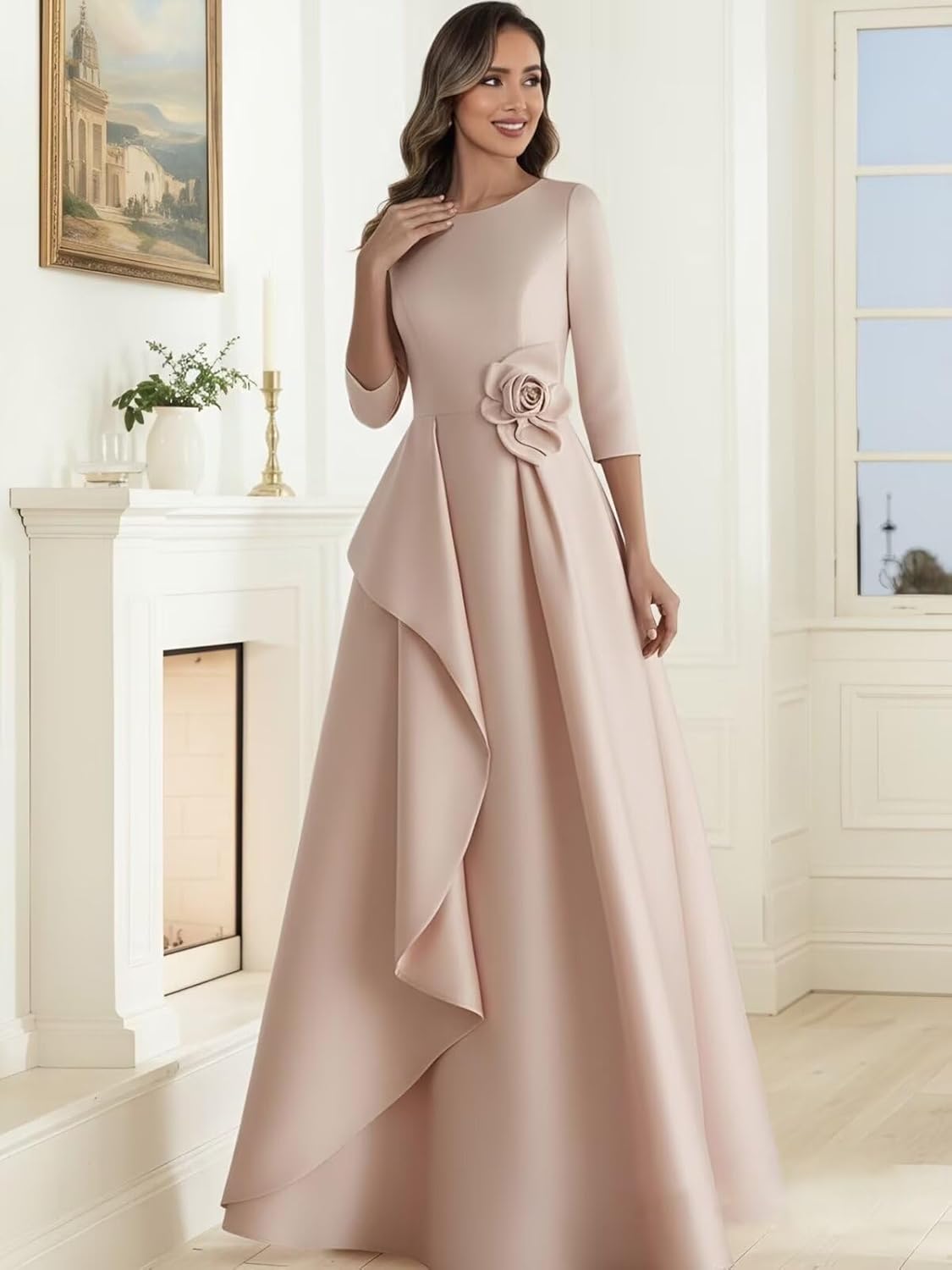 Long Sleeve Mother of The Bride Dresses for Women Satin Ruffle Fall Formal Evening Dresses with Pocket - Image 4