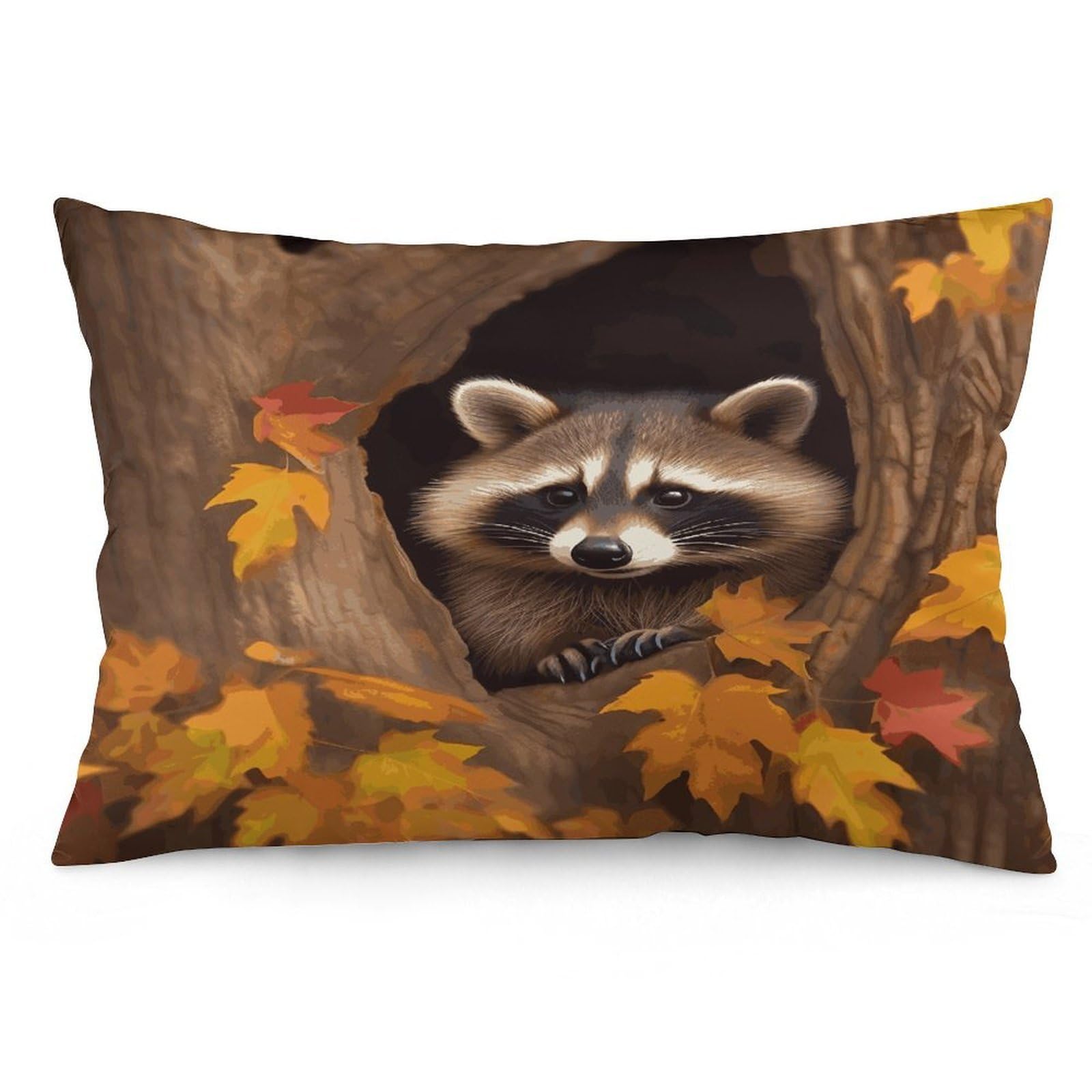 Raccoon in The Fall Tree Hole Throw Pillow Covers with Silent Zipper Polyester Pillow Protectors Removable Pillow Cases Soft Pillowcase Cozy Pillow Sham Cushion Cover for Sofa Car Bed 12 "x20