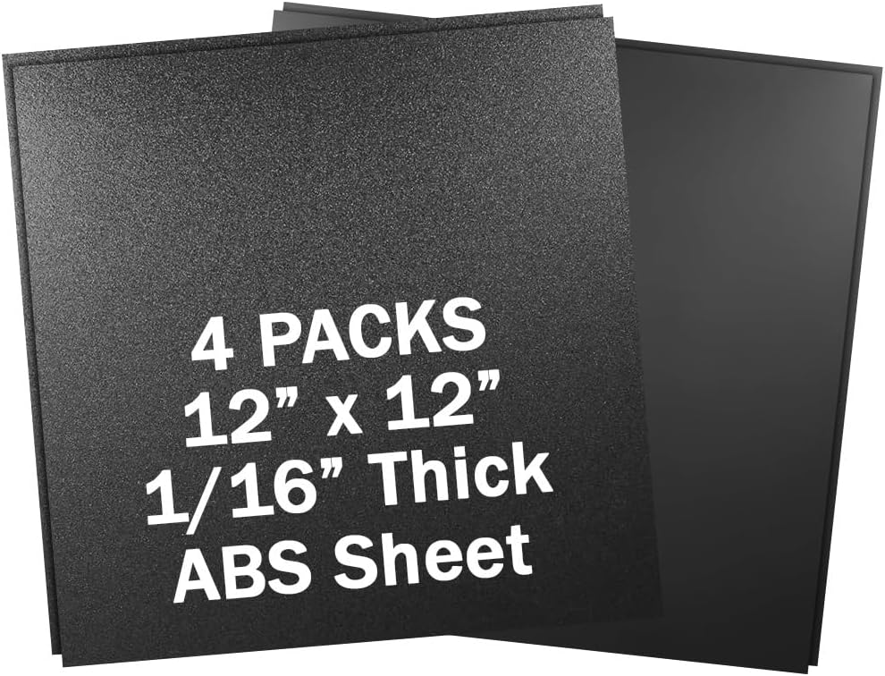 4 Pack Black ABS Plastic Sheets 1/16 Inch Thick, 12” x 12” x 0.06” Textured Hard Plastic Sheeting Heat Moldable Thermoplastic Sheet for DIY Handcrafts