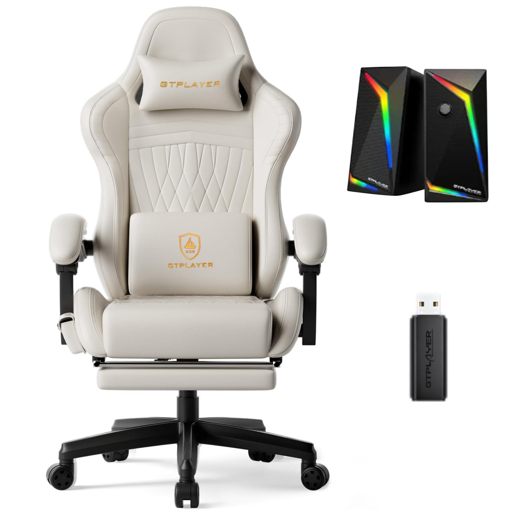 GTPLAYER Gaming Chair Bundle with Integrated Speakers, RGB Computer Speakers &amp; USB Adapter – Ergonomic Music Chair for Surround Sound, Wireless &amp; Complete Entertainment Setup, Cream