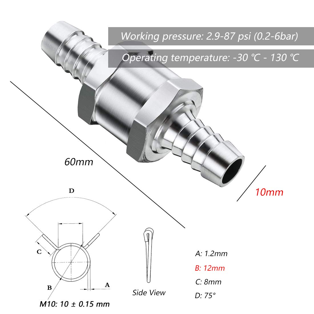 Namvo Lot De 3 Vannes Anti-retour De Carburant, 6 Mm En Alliage D'aluminium Avec Pince à Ressort De 10 Mm, 2 Pièces