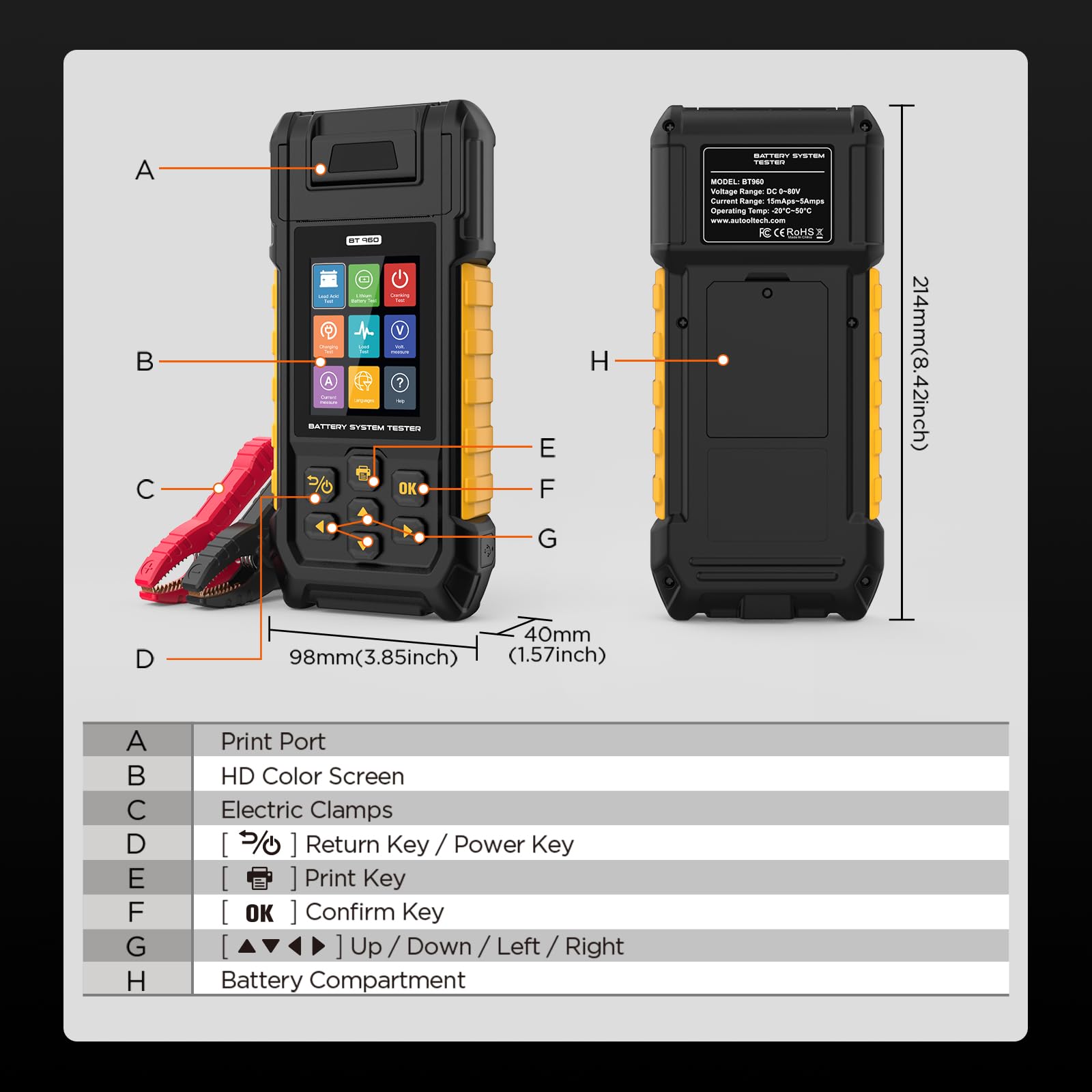Comprobador de batería de litio para coche, BT960, 0-80 V, analizador LIB con duración de la batería, medición de capacidad y resistencia interior, control de fugas, 14 idiomas, impresora, 5 rollos de