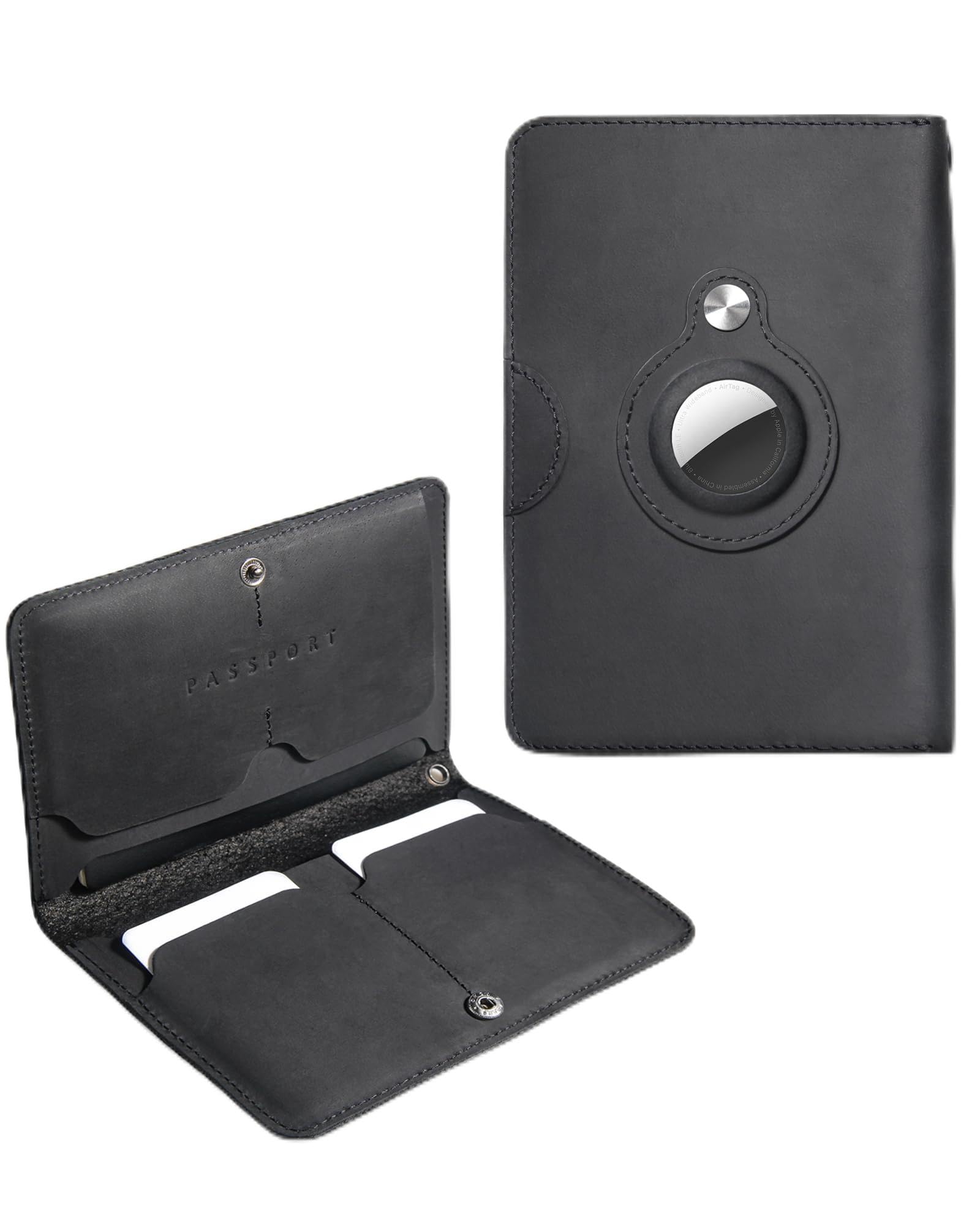 XGUO Genuine Leather Passport Holder with AirTag Slot, RFID Blocking Passport Holder for Travel Women & Men, Slim Passport Cover Travel Wallet
