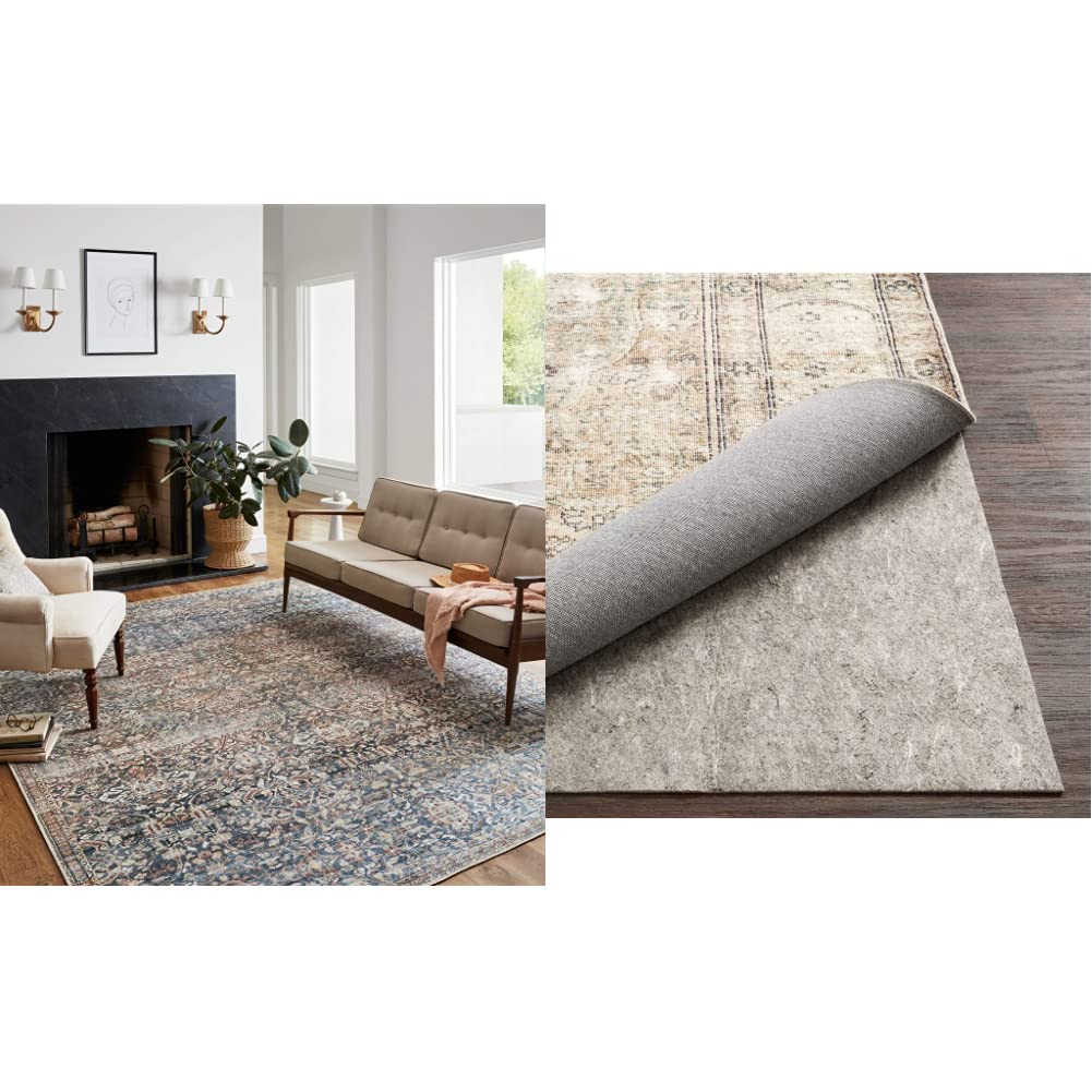 Loloi Chris Loves Julia x Jules Collection JUL-06 Denim/Spice 8'-6" x 11'-6" Area Rug & Grip™ Rug Pad | Premium Thick Non-Slip Felt-Rubber 9'-0" x 12'-0" for Area Rug