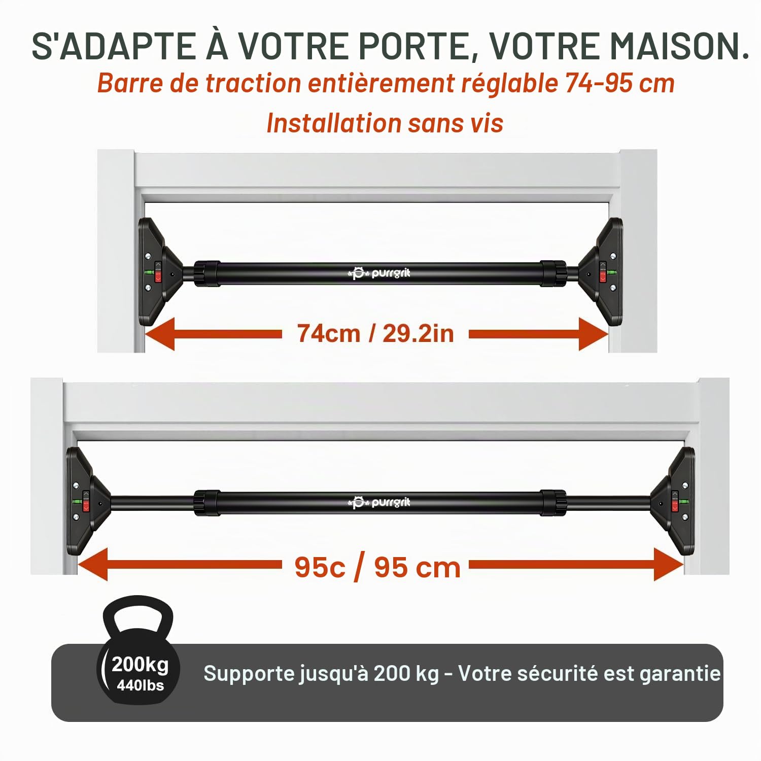 Barre de traction pour porte de 74 à 95 cm, barre de porte pour équipement de gym à domicile, Avec tapis de protection murale，montage sans vis, antidérapant