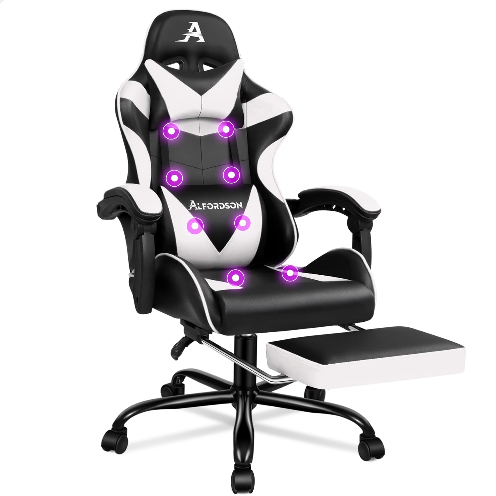 ALFORDSON Silla Gaming Profesional con Masajeador, Silla Ergonómica Gamer, Altura Regulable Silla con Apoyo Lumbar y Reposacabezas, Respaldo Inclinable hasta 150°, Giratoria de 360°, Cuero PU(Blanca)