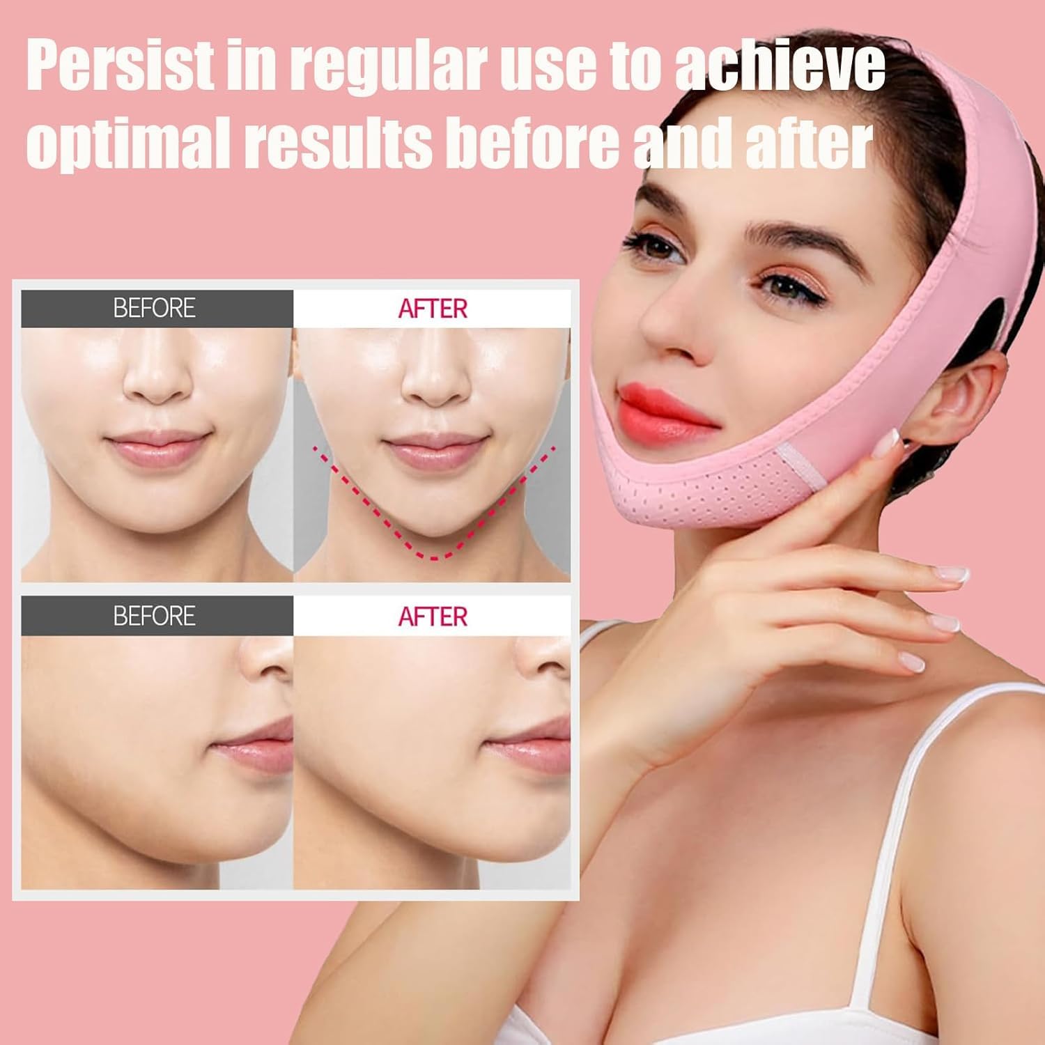 Máscara Lifting Facial Reutilizable, MáScaras Faciales En V, Papada Reductor Mujer, Para Papada Y Piel Facial FláCida, Ajustable, Rosa claro