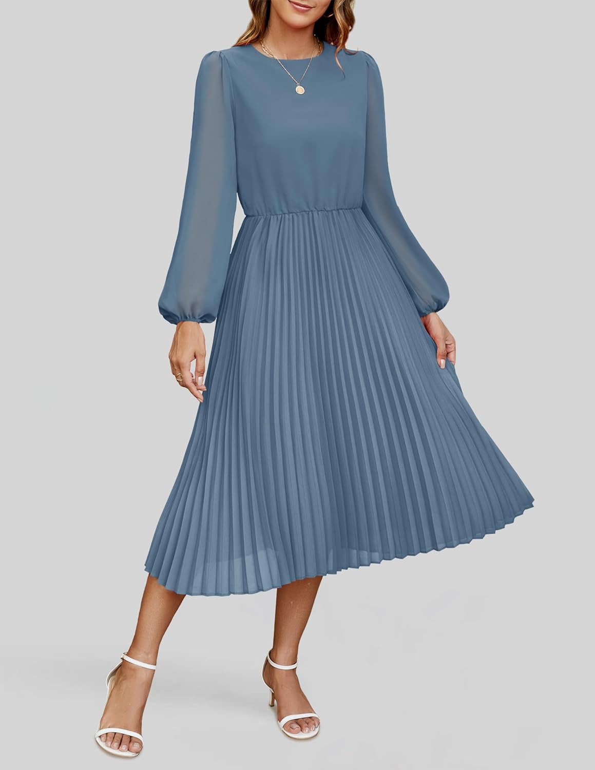 ZESICA Women's Fall Long Sleeve Dresses 2026 Casual Crewneck Chiffon Swing Pleated A Line Cocktail Party Midi Dress - Image 5