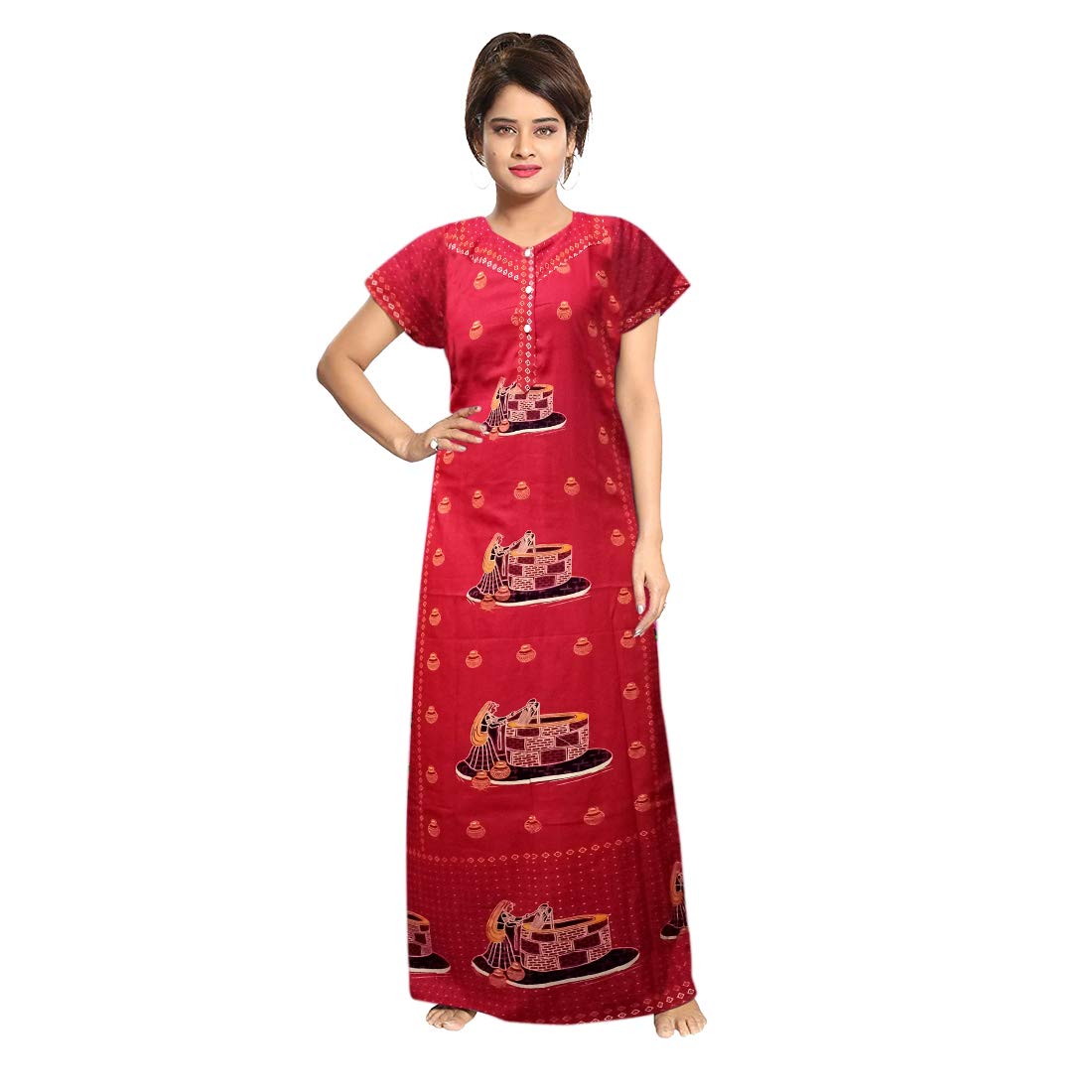 SRK Classy Cotton-Gujari Red Printed Fully Adjustable Size Women Nighty (Free Size- 36-44)